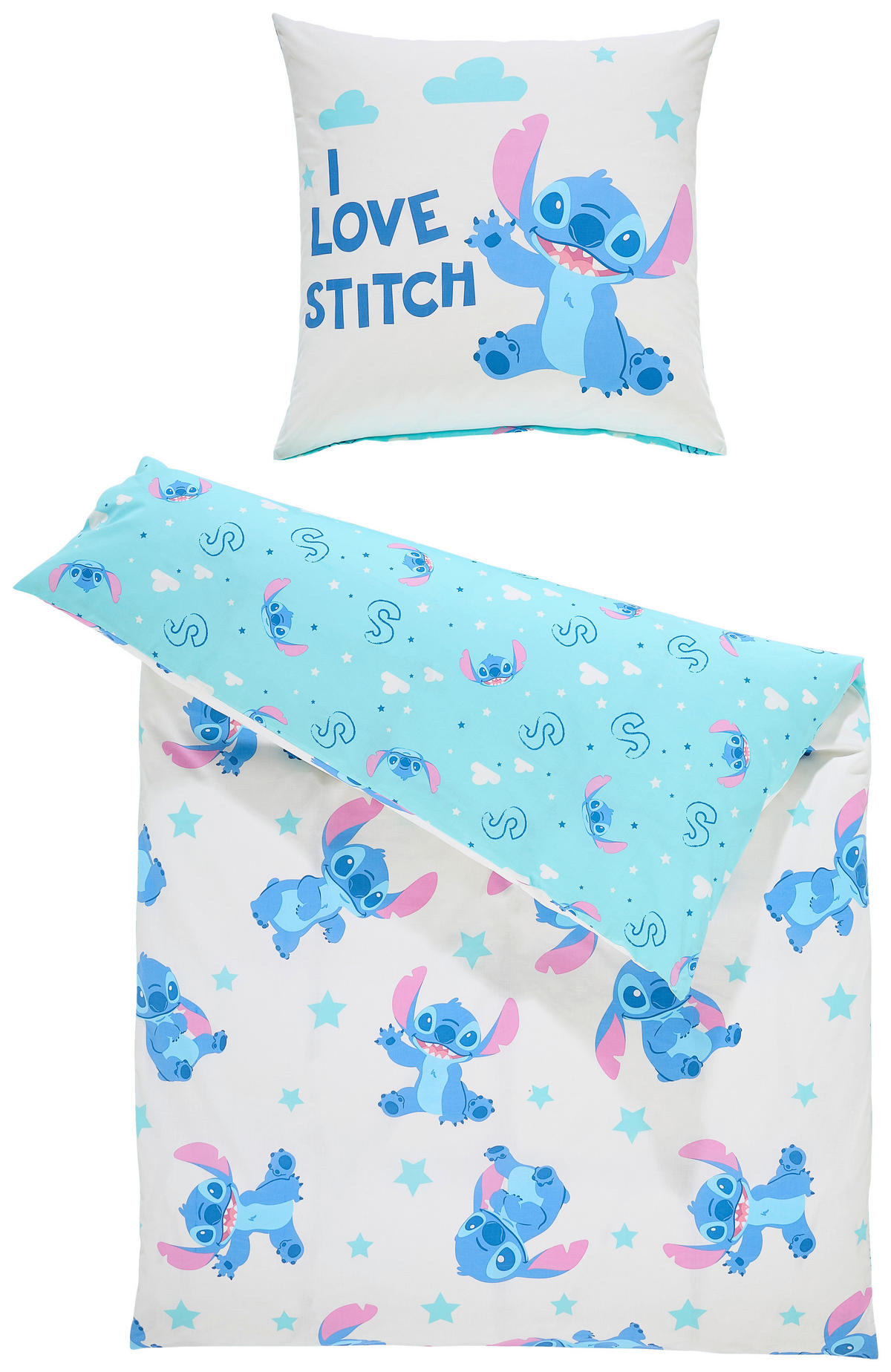 JUGENDBETTWÄSCHE STITCH, I LOVE Linon 135/200 cm  - Türkis/Blau, Trend, Textil (135/200cm) - Disney