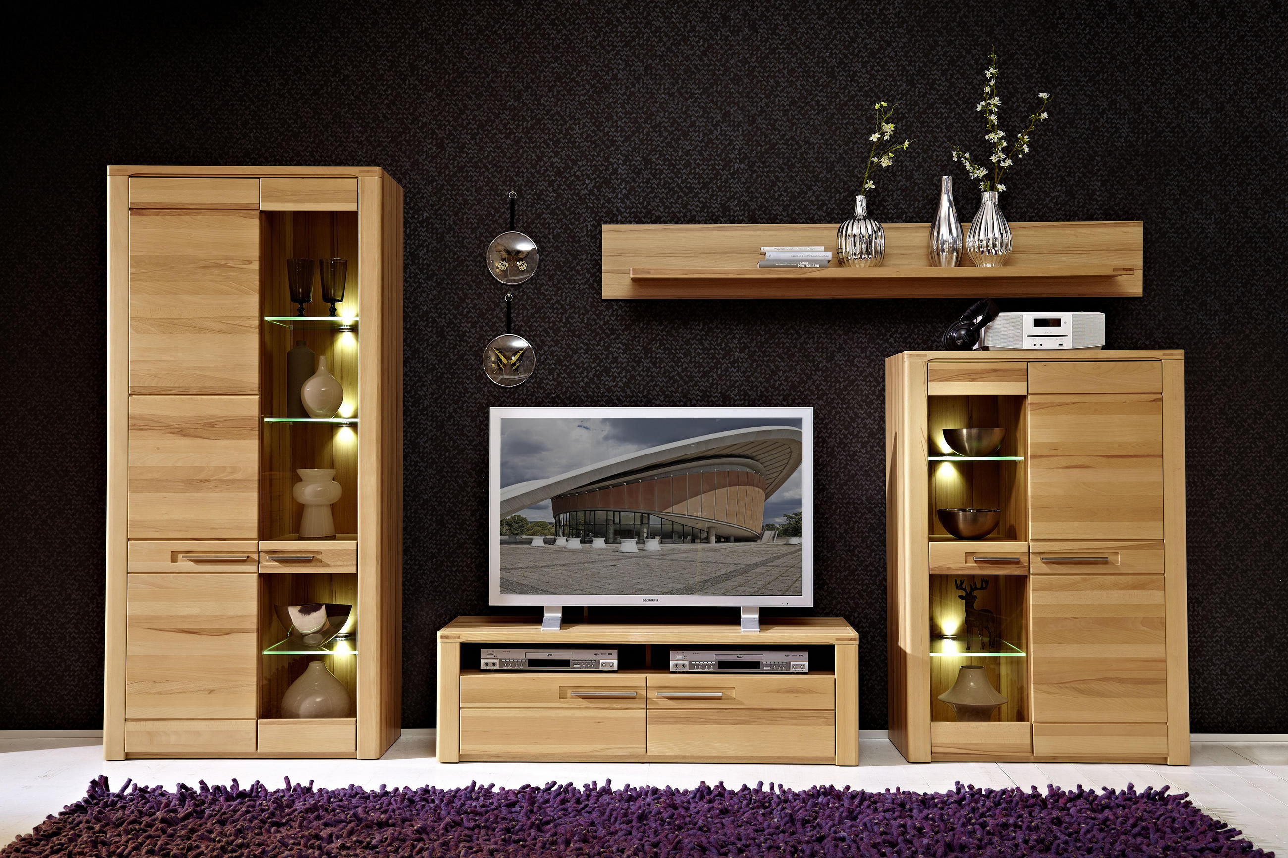 WOHNWAND 320/185/45 cm in Buchefarben - Edelstahlfarben/Buchefarben, Design, Glas/Holz (320/185/45cm) - Livetastic