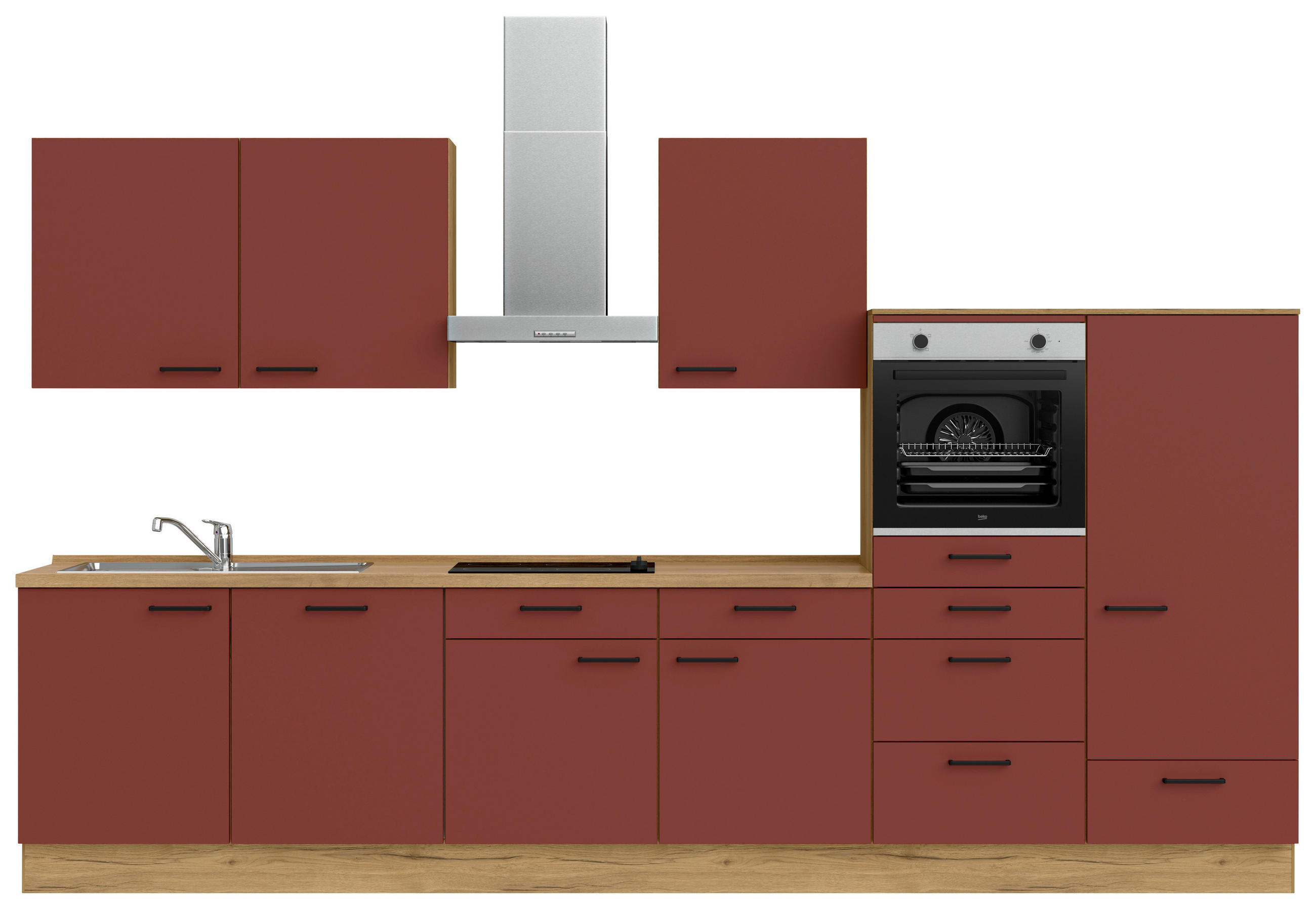 KÜCHENBLOCK 360 cm   in Eichefarben, Dunkelrot  - Eichefarben/Schwarz, MODERN, Holzwerkstoff/Metall (360cm) - Nobilia