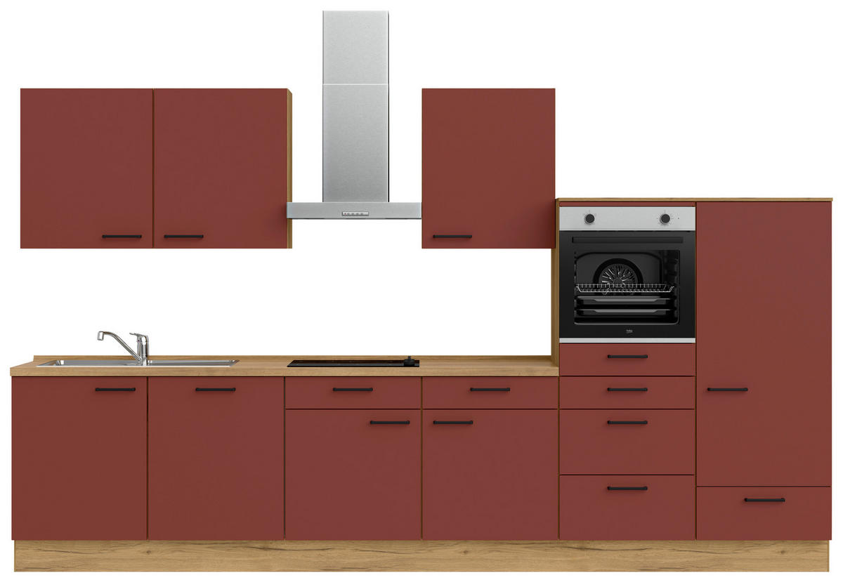 KÜCHENBLOCK 360 cm   in Eichefarben, Dunkelrot  - Eichefarben/Schwarz, MODERN, Holzwerkstoff/Metall (360cm) - Nobilia