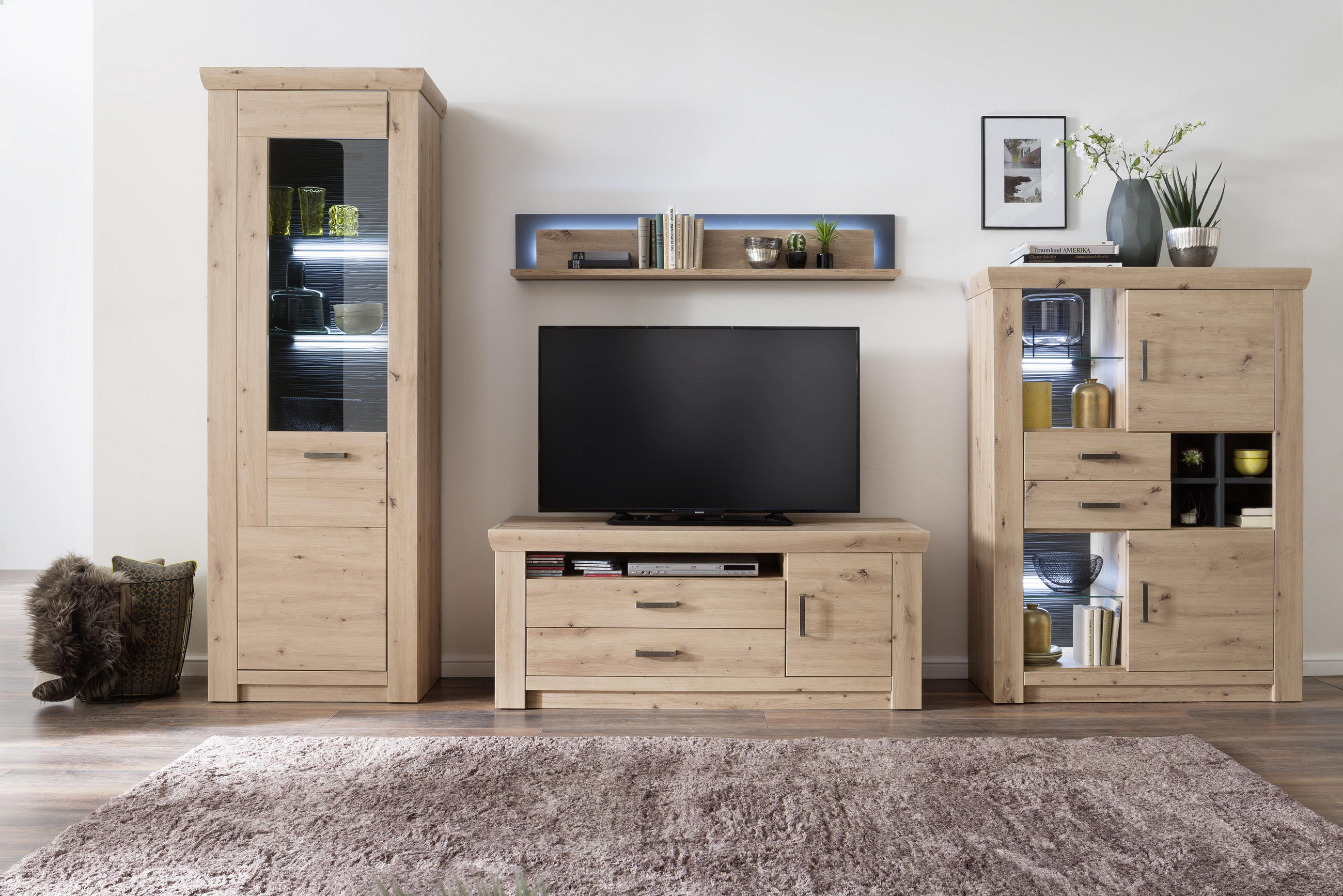 MEDIABÄNK i ekfärgad - nickelfärgad/ekfärgad, Design, metall/trämaterial (144/60/55cm) - Livetastic