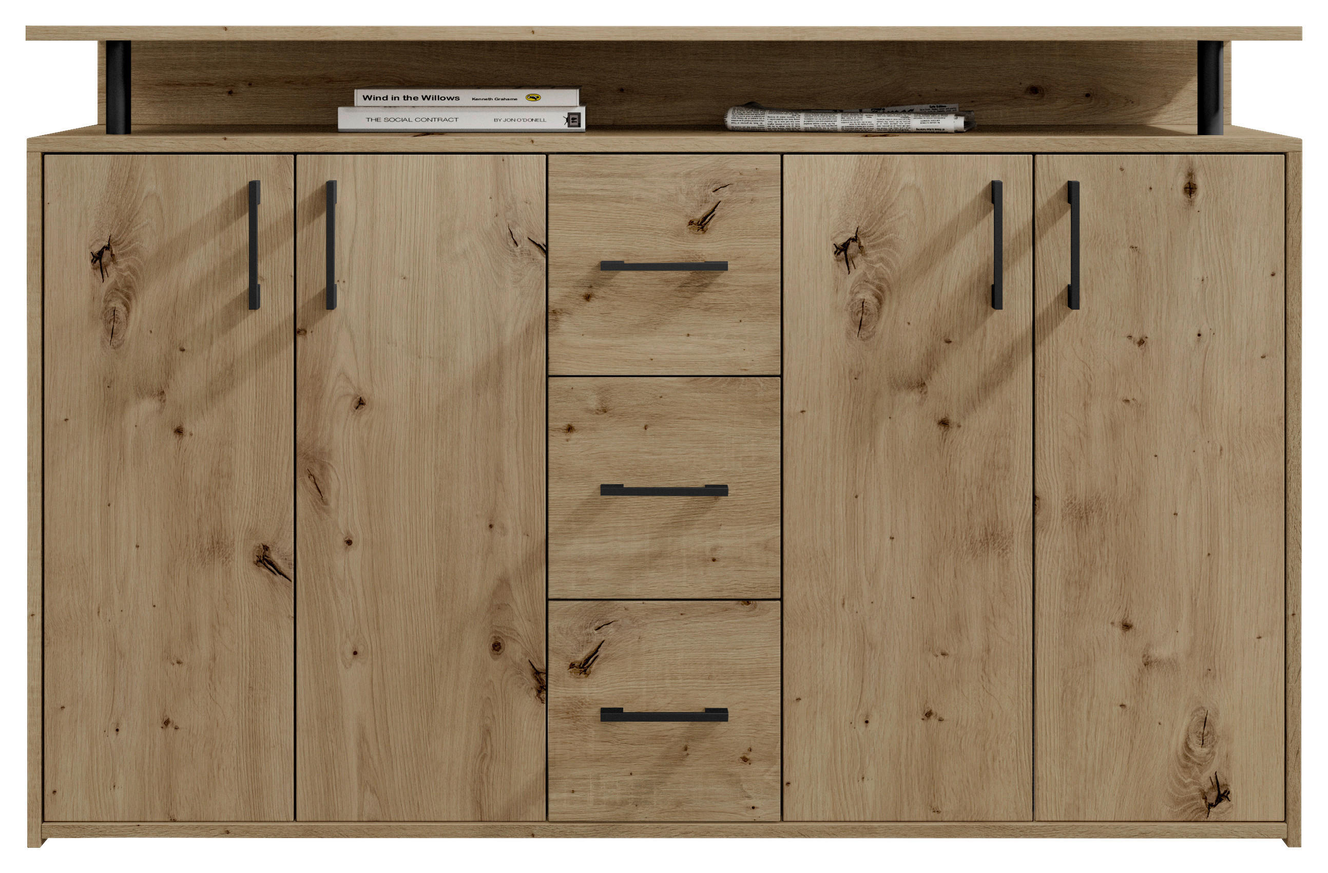 Thumbnail - Carryhome Sideboard, Eiche Artisan, Kunststoff, 2 Fächer, 3 Schubladen, 139x90x34 cm, Wohnzimmer, Kommoden & Sideboards,...