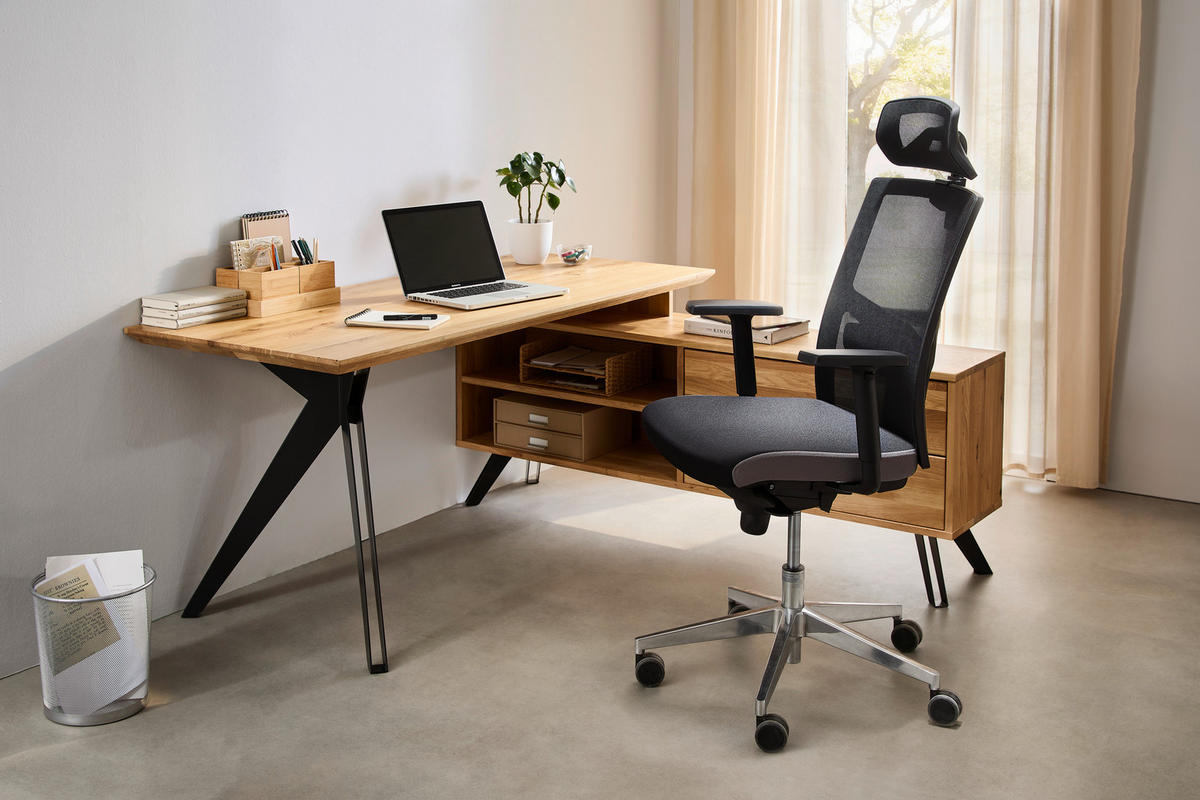 ECKSCHREIBTISCH 160/160/75 cm  in Eichefarben  - Eichefarben/Schwarz, Natur, Holz/Metall (160/160/75cm) - Linea Natura