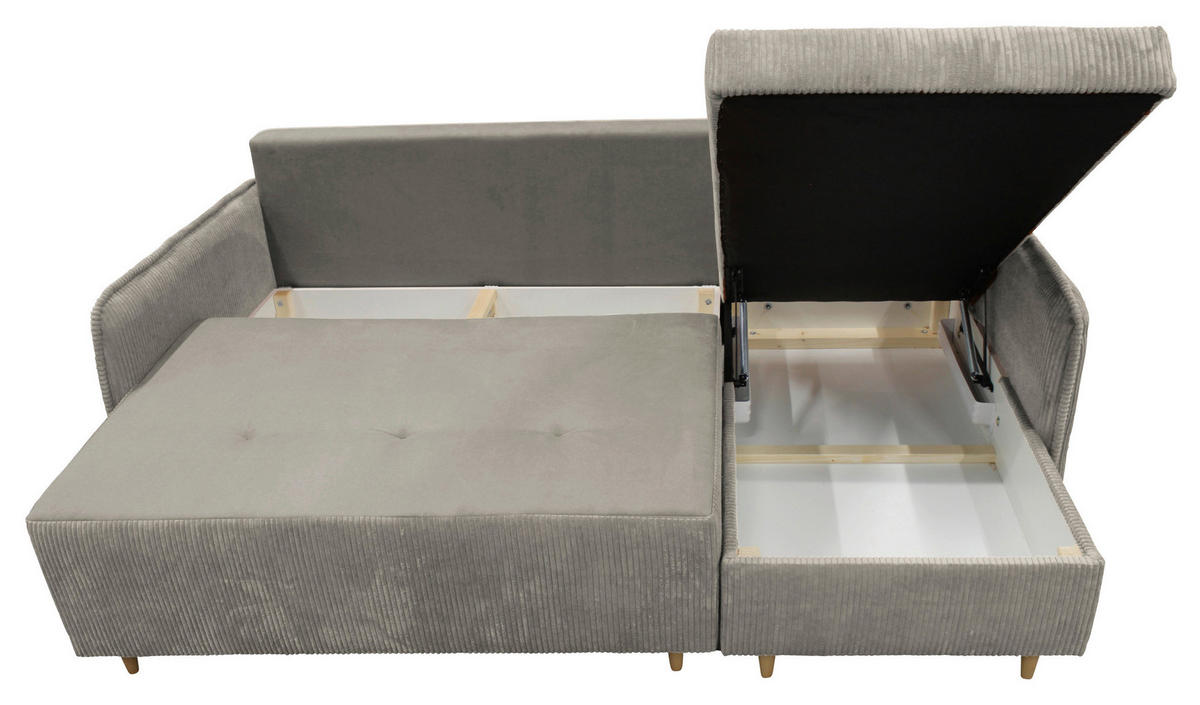 ECKSOFA TEDDY Grau Cord, Bouclé Zierkissen, Rückenkissen, Bettkasten  - Naturfarben/Grau, Design, Holz/Textil (215/142cm) - MID.YOU