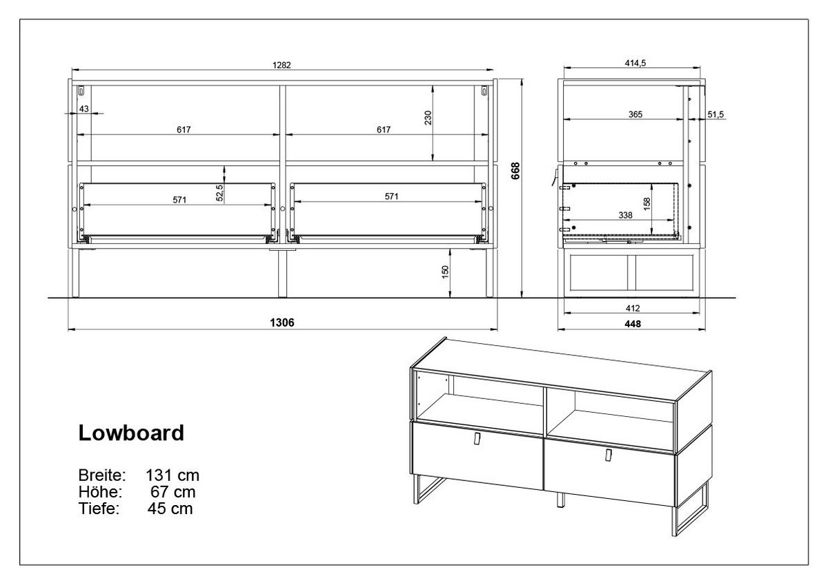 LOWBOARD GW-Mamiko  in 131/67/45 cm  - Schwarz/Graphitfarben, KONVENTIONELL, Holzwerkstoff/Metall (131/67/45cm) - Boxxx