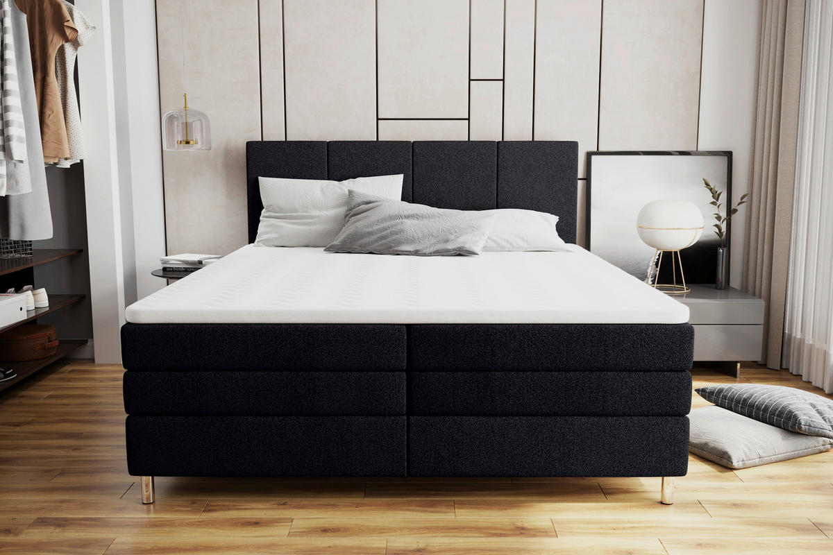 BOXSPRINGBETT 160/200 cm,  in Schwarz, Bettkasten, Topper, Matratzen, H3 = fest  - Chromfarben/Schwarz, KONVENTIONELL, Kunststoff/Textil (160/200cm) - Boxxx