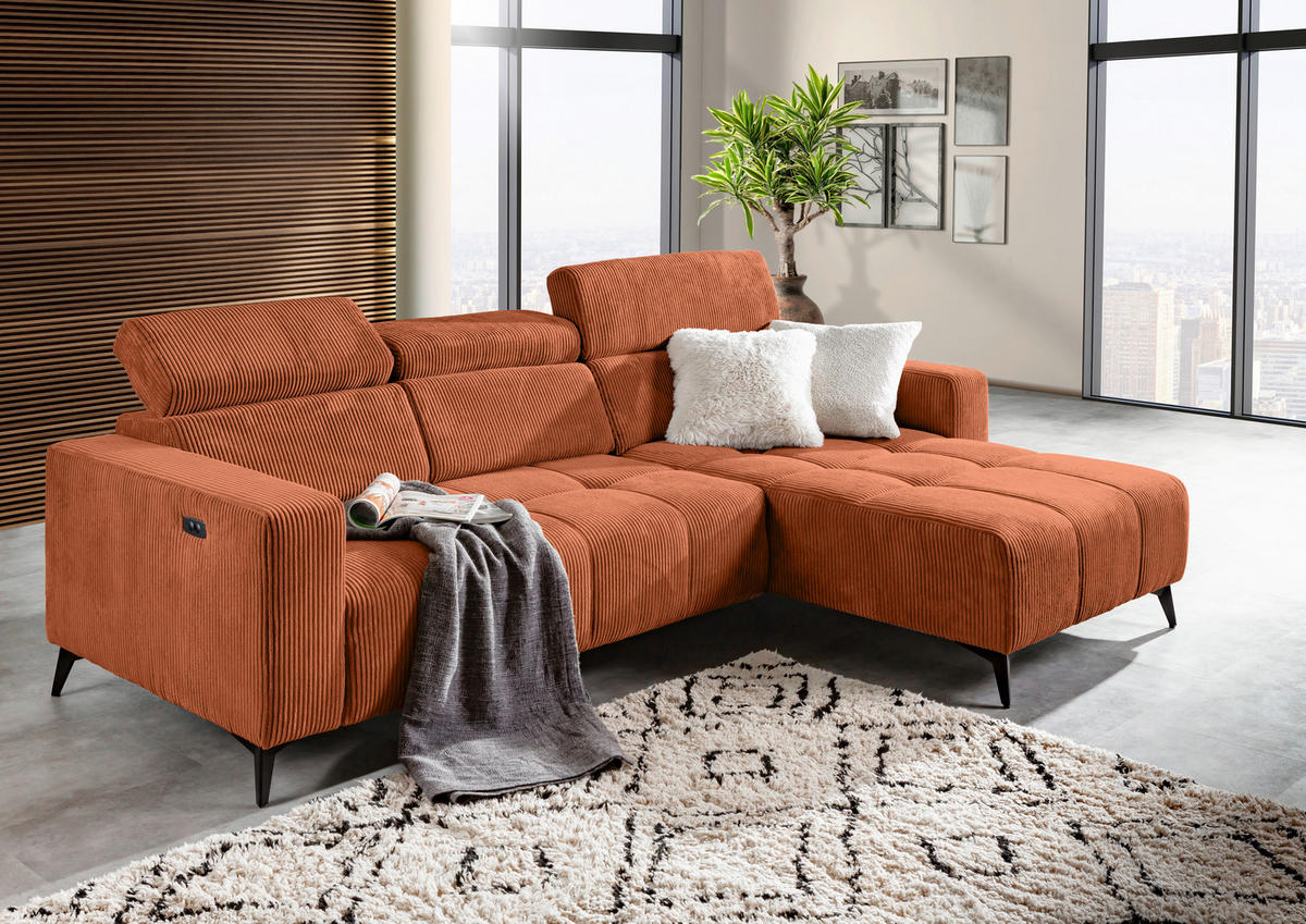 ECKSOFA Rostfarben Cord Rücken echt, Kopfteilverstellung, Sitzvorzug  - Rostfarben/Schwarz, KONVENTIONELL, Textil/Metall (257/170cm) - Carryhome