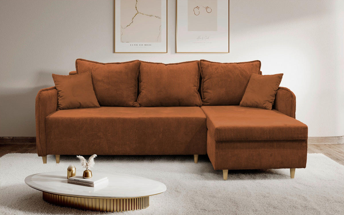 ECKSOFA TEDDY Rot Cord, Bouclé Zierkissen, Rückenkissen, Bettkasten  - Rot/Naturfarben, Design, Holz/Textil (215/142cm) - MID.YOU