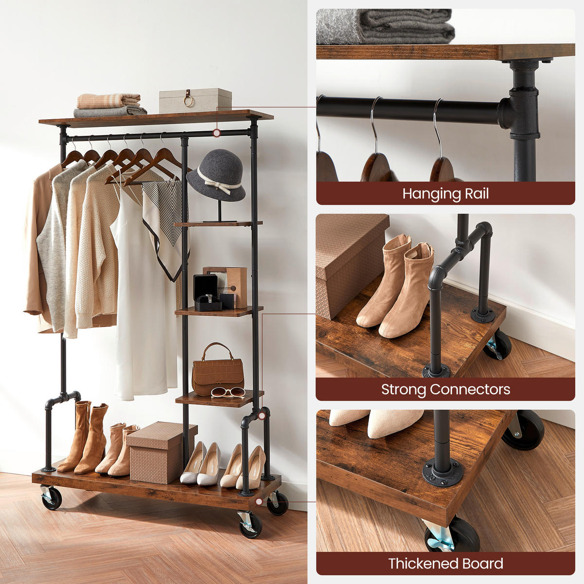 KLEIDERWAGEN in Braun, Schwarz 103.5/174.5/40 cm   - Schwarz/Braun, Trend, Holzwerkstoff/Metall (103.5/174.5/40cm) - MID.YOU
