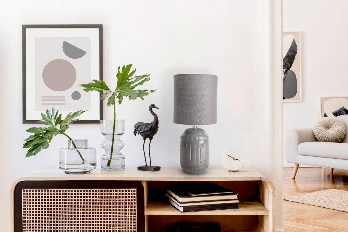 TISCHLEUCHTE   - Grau, KONVENTIONELL, Keramik/Textil (30cm) - Näve