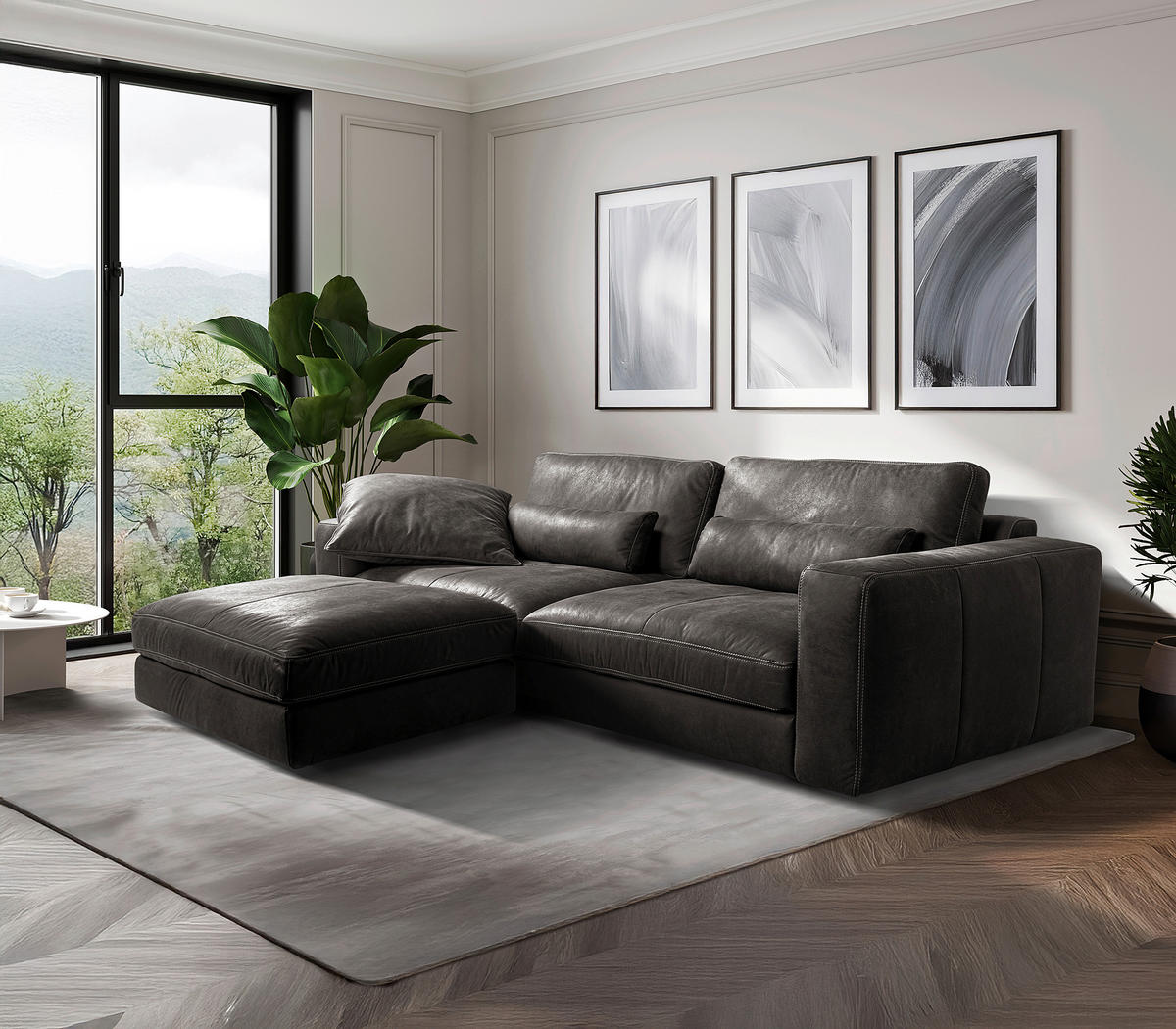 HOCKER in Leder Dunkelgrau  - Dunkelgrau/Beige, Design, Leder/Kunststoff (123/45/93cm) - Livetastic