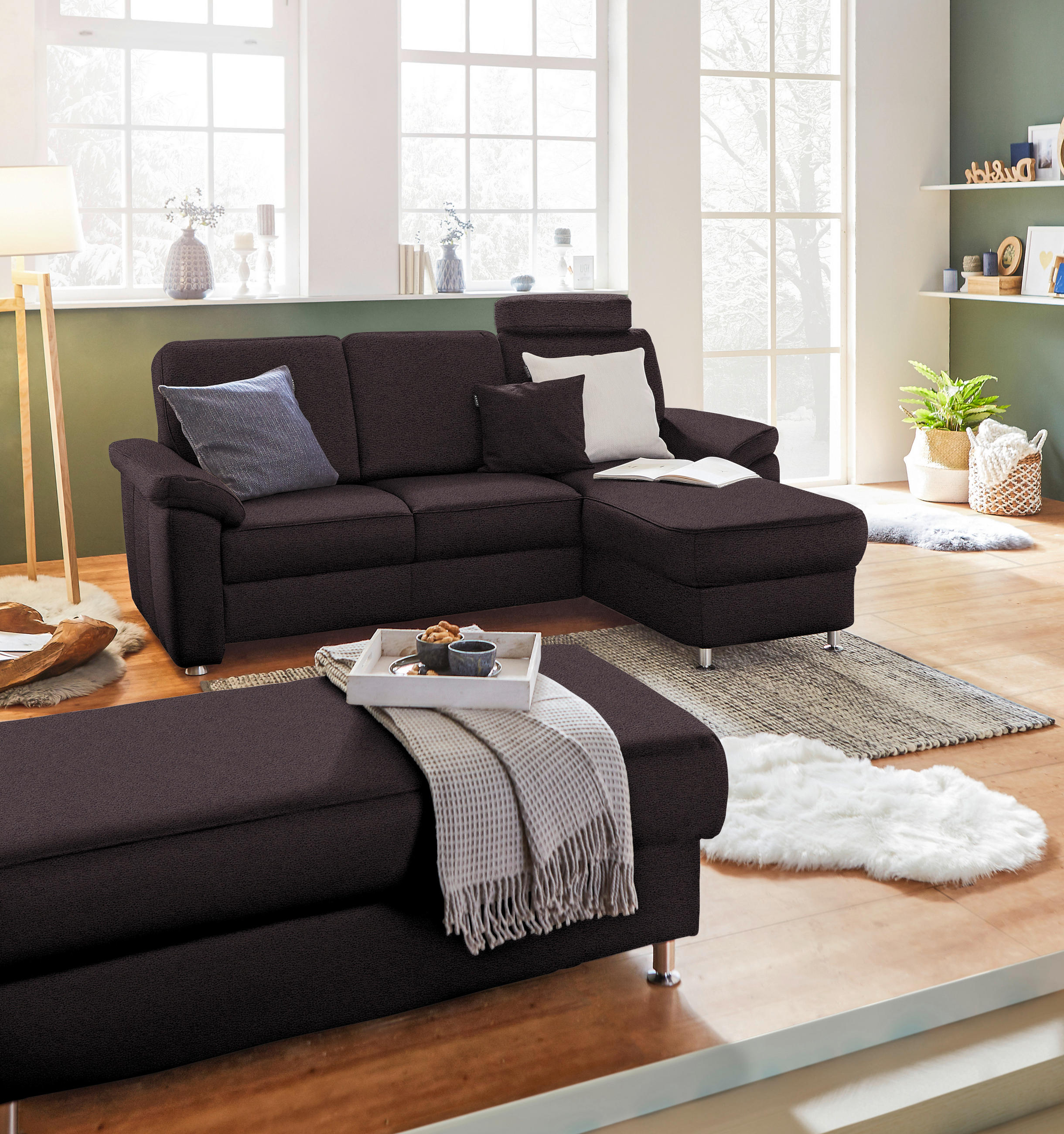 ECKSOFA in Webstoff Mokka  - Chromfarben/Mokka, Konventionell, Textil/Metall (220/163cm) - Beldomo System