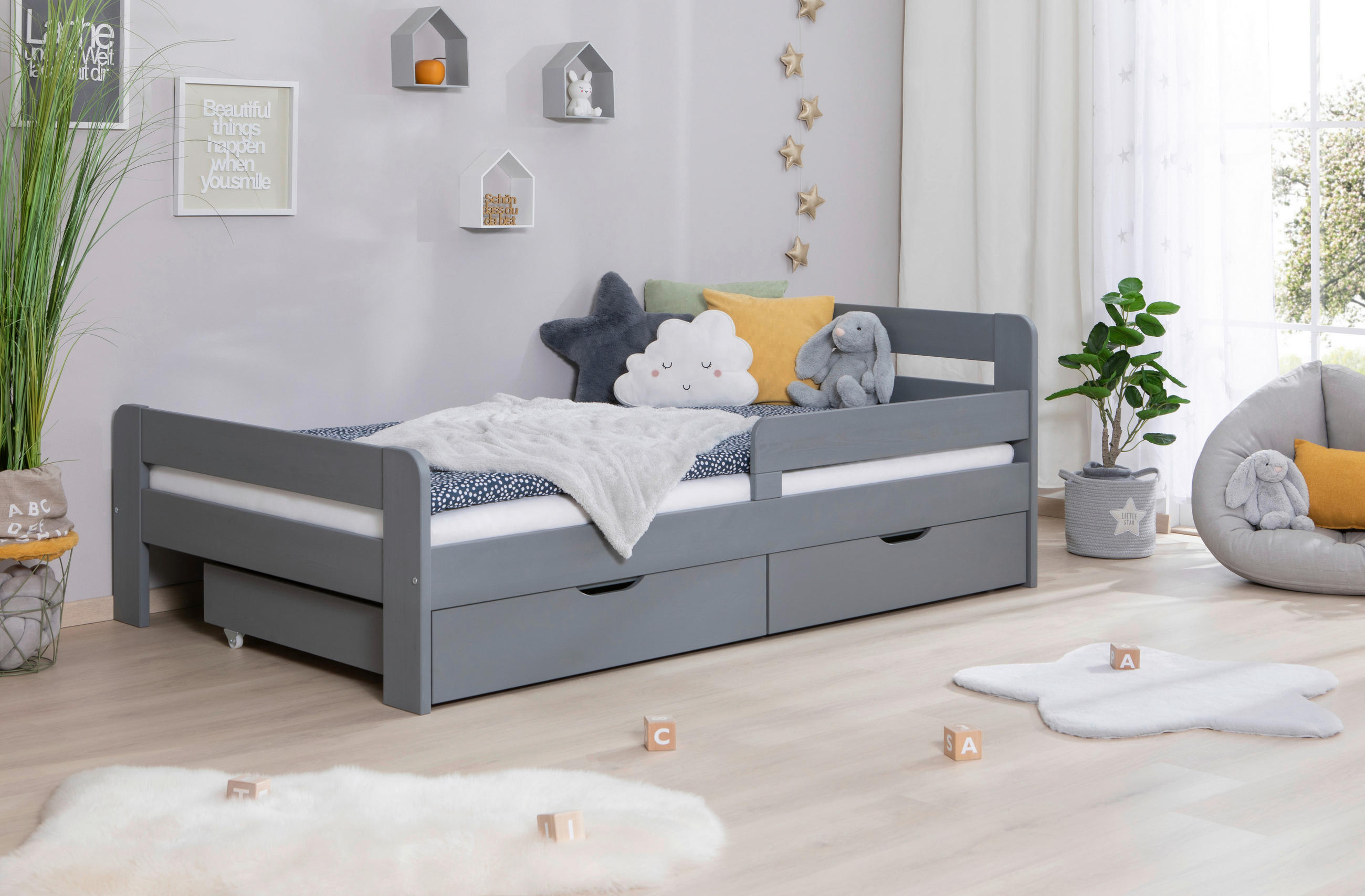 STAURAUMBETT 120/200 cm  in Hellgrau  - Hellgrau/Naturfarben, MODERN, Holz/Textil (120/200cm) - MID.YOU