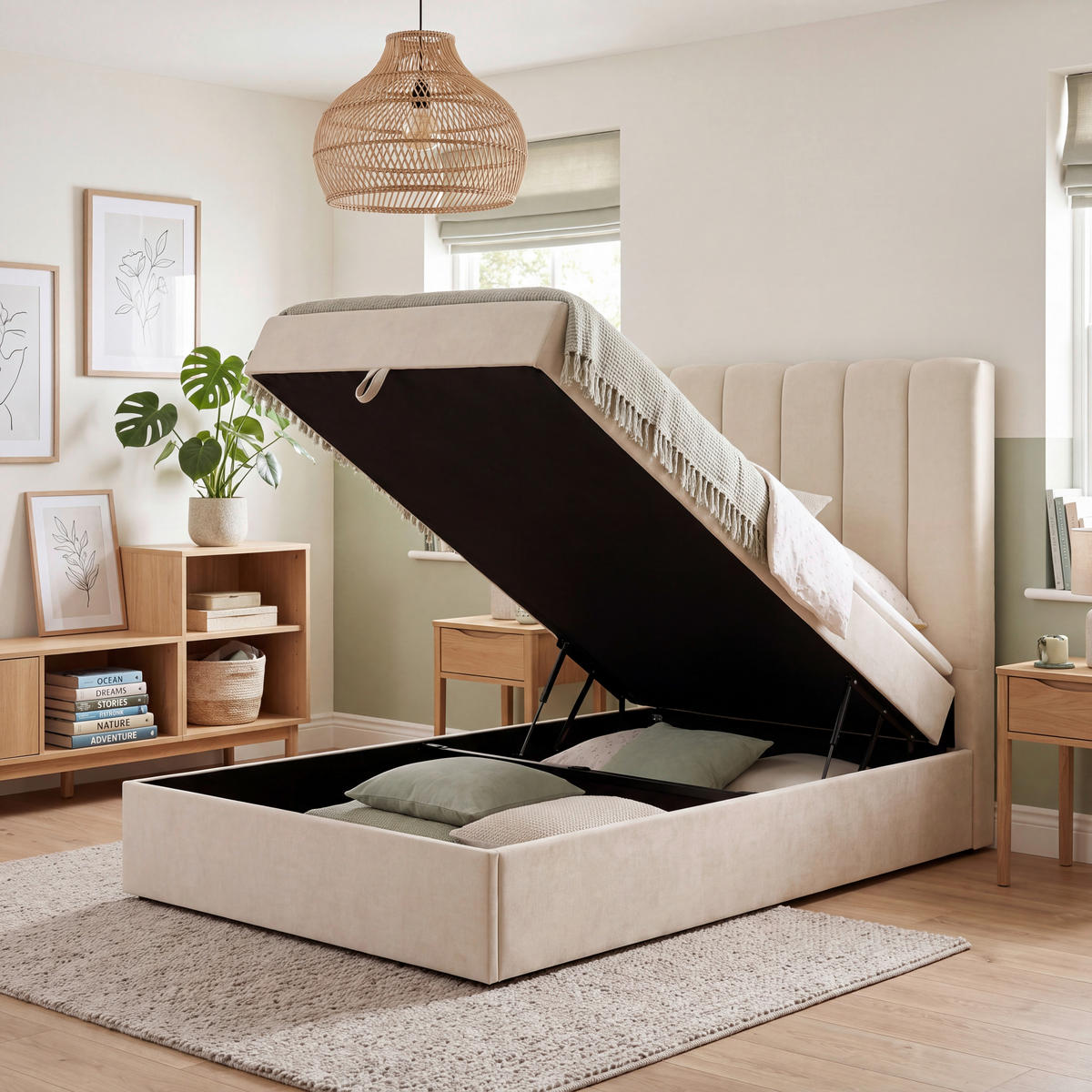 BOXBETT 100/200 cm,  in Beige, Matratze, gepolstertes Kopfteil, Bettkasten, Topper, H3 = fest  - Beige/Schwarz, Basics, Kunststoff/Textil (100/200cm) - Chameo