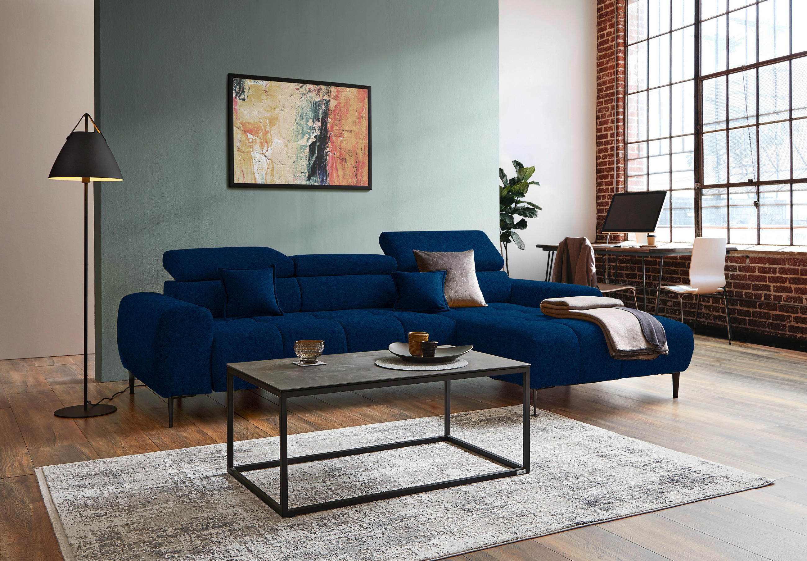 ECKSOFA in Samt, Webstoff Blau  - Blau/Schwarz, Design, Textil/Metall (270/177cm) - Welnova
