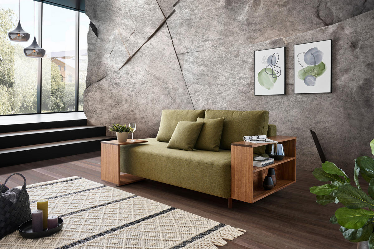 SCHLAFSOFA in Textil Olivgrün  - Nussbaumfarben/Olivgrün, Natur, Holz/Textil (228/90/100cm) - Joka