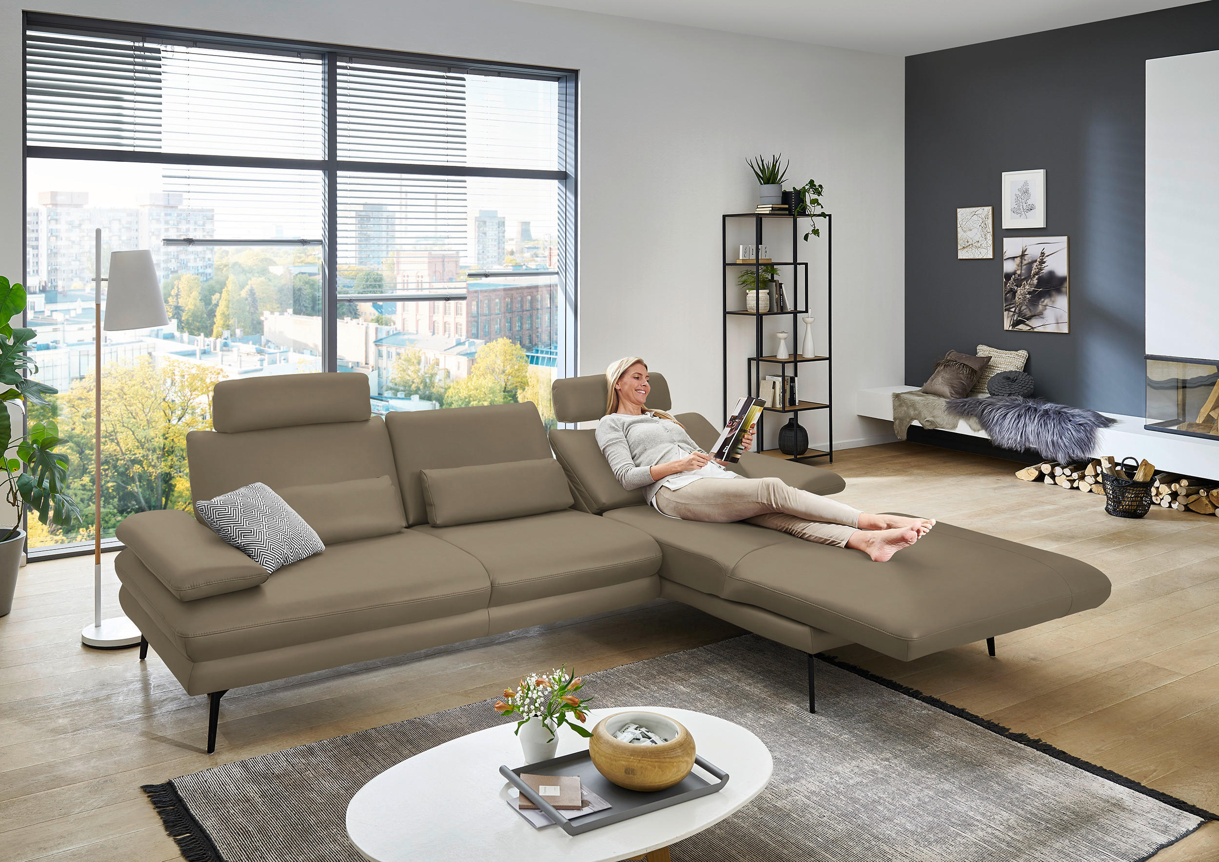 ECKSOFA in Echtleder Beige  - Beige/Schwarz, Design, Leder/Metall (310/180cm) - Dieter Knoll