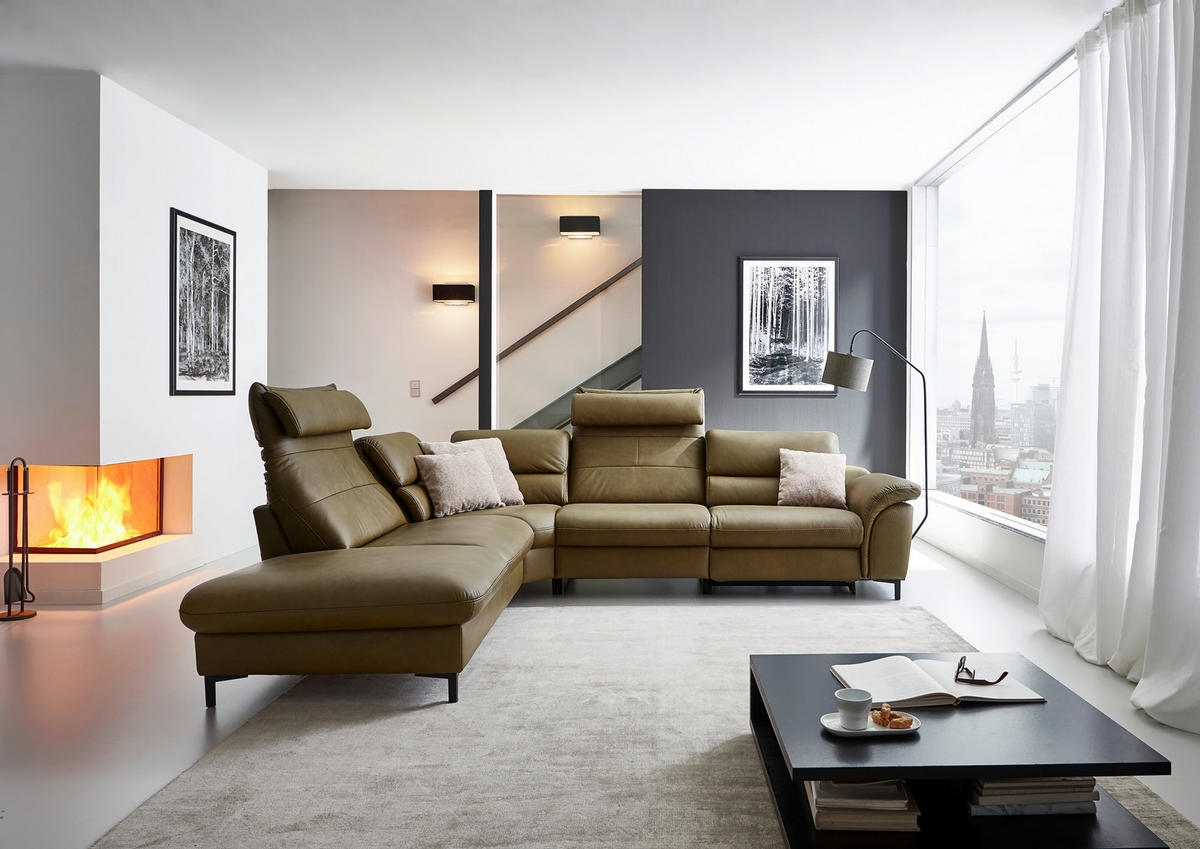 ECKSOFA in Echtleder Schlammfarben  - Schlammfarben/Schwarz, Design, Leder/Metall (246/280cm) - Hukla