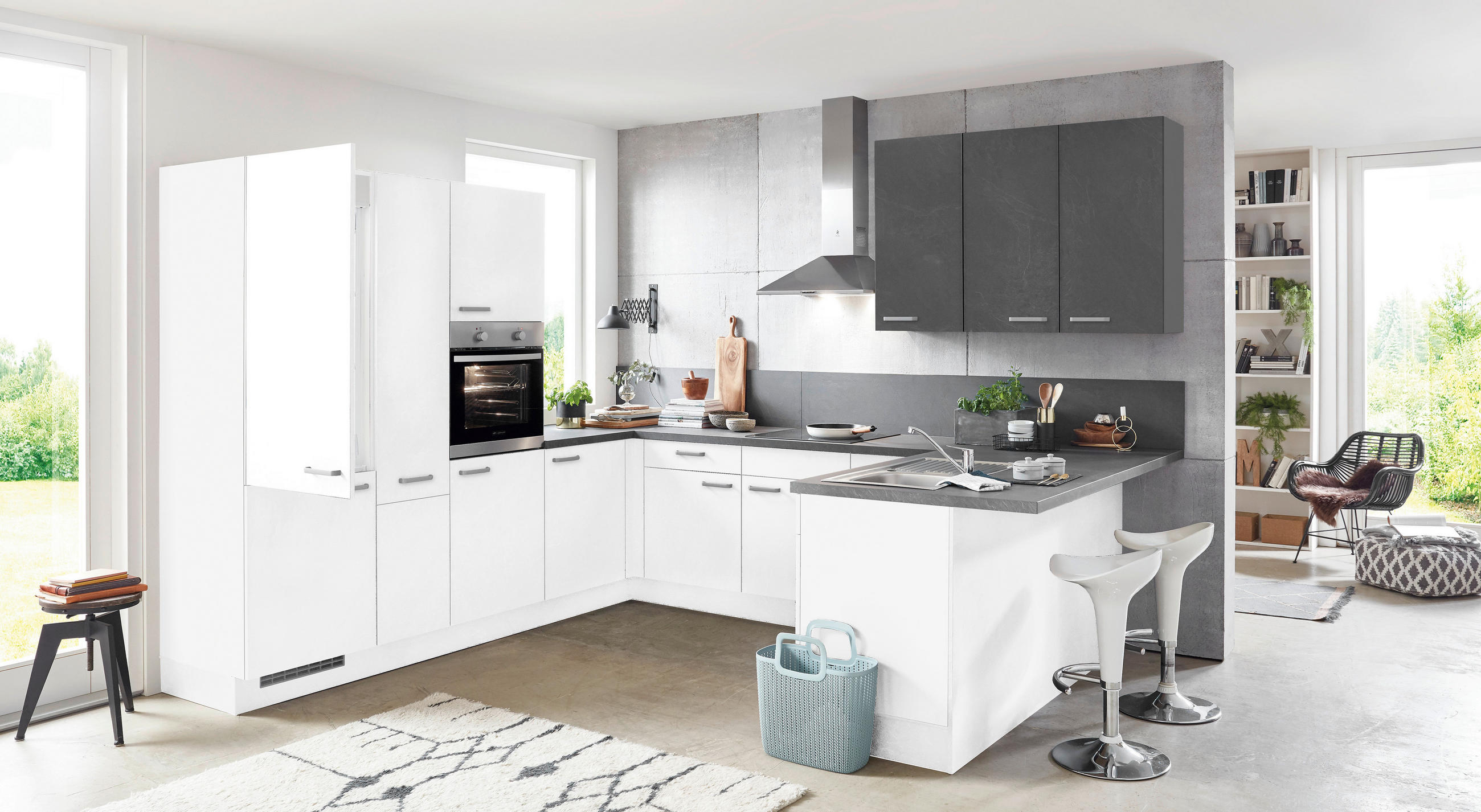 EINBAUKÜCHE 615  - Weiß/Grau, Basics, Holzwerkstoff - Celina