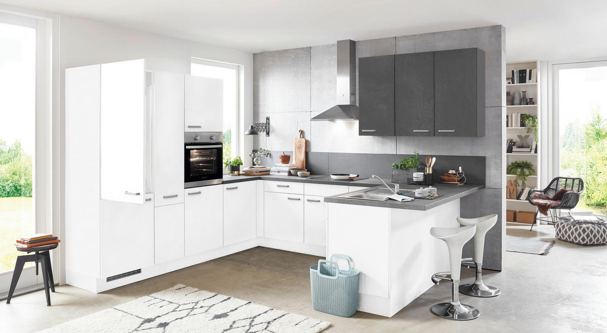 EINBAUKÜCHE 615  - Weiß/Grau, Basics, Holzwerkstoff - Celina