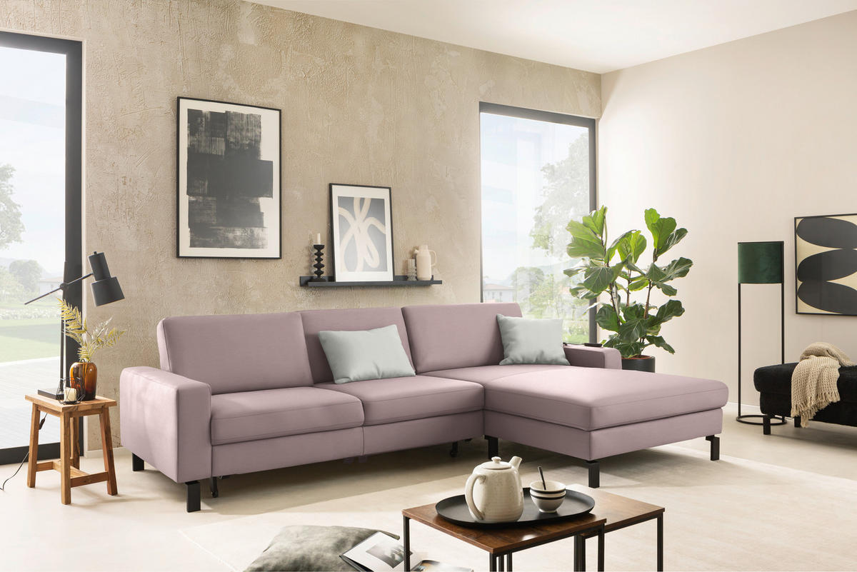 ECKSOFA  in Cord Rosa Rücken echt, Sitztiefenverstellung  298/185 cm  - Schwarz/Rosa, Design, Textil/Metall (298/185cm) - Pure Home Lifestyle