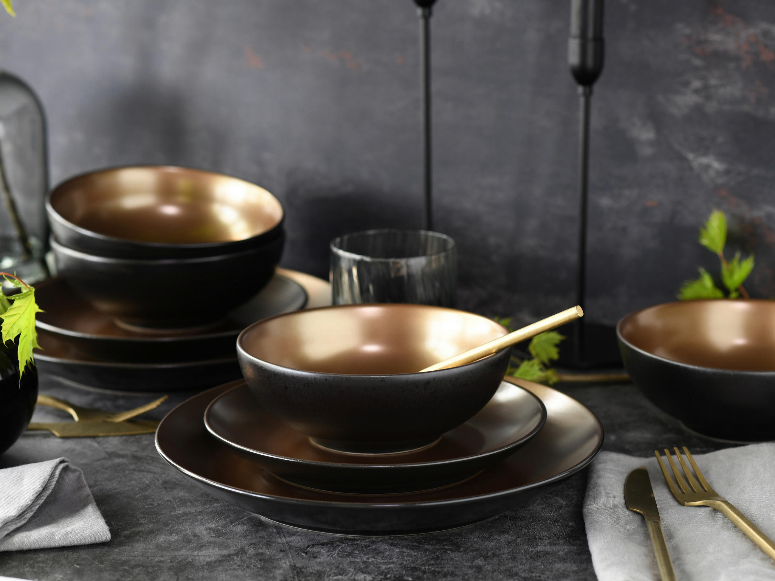 KOMPLETT SERVIS Glamour Gold 16 delar  - svart/guldfärgad, Trend, keramik (33/35/34cm) - Creatable