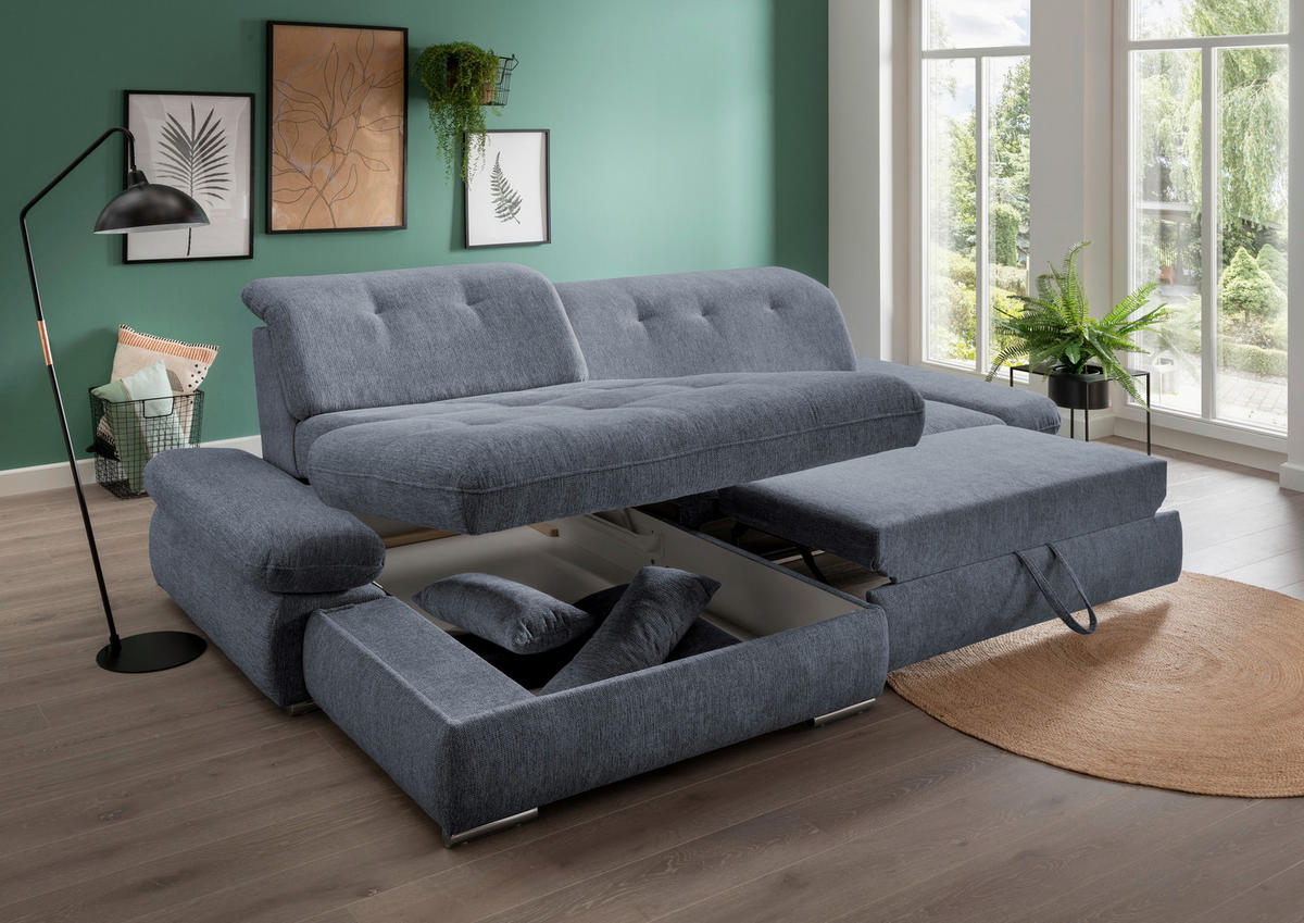 ECKSOFA in Chenille Hellblau  - Chromfarben/Hellblau, Design, Textil/Metall (196/300cm) - Livetastic
