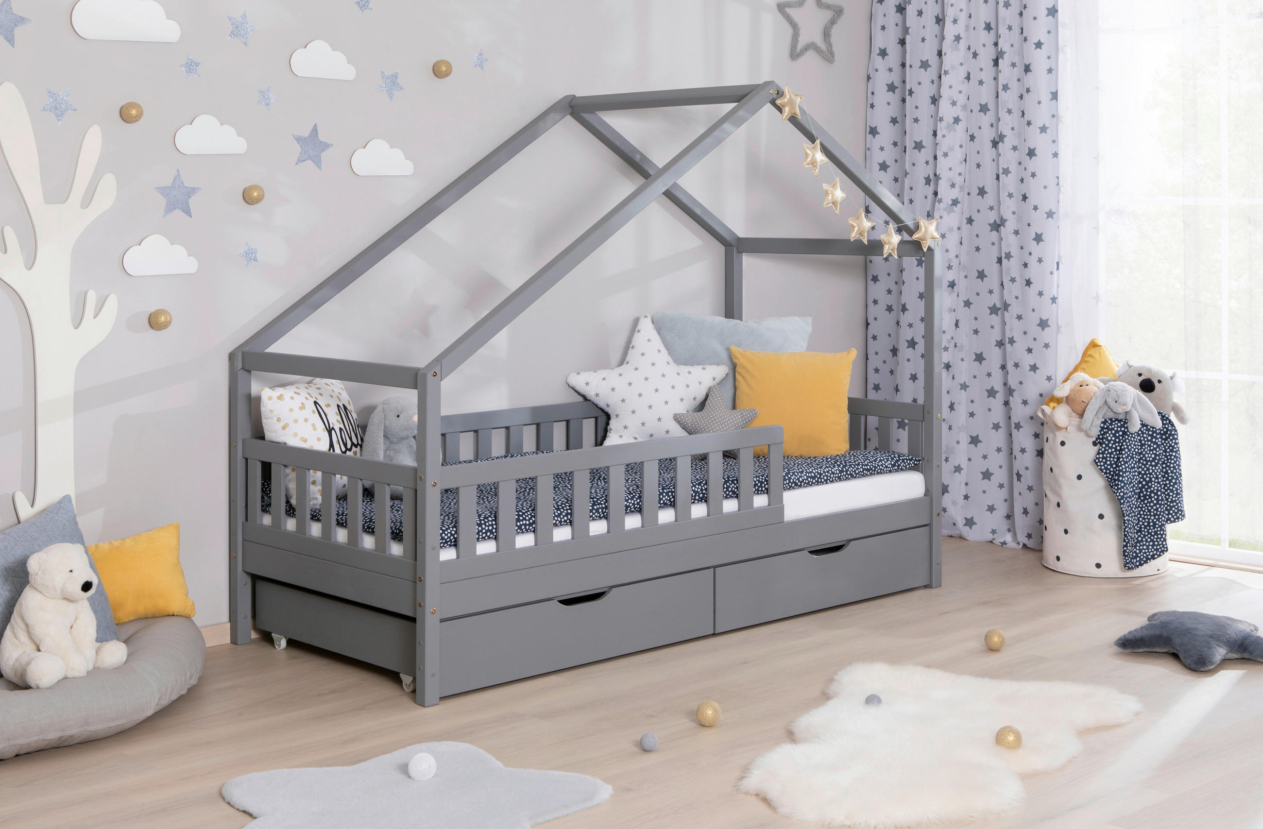 Thumbnail - Mid.you Hausbett, Hellgrau, Textil, Birke,Kiefer, Schichtholz,massiv, H2, Höhe ca. 12 cm, 100x200 cm, nur für Rollroste ...