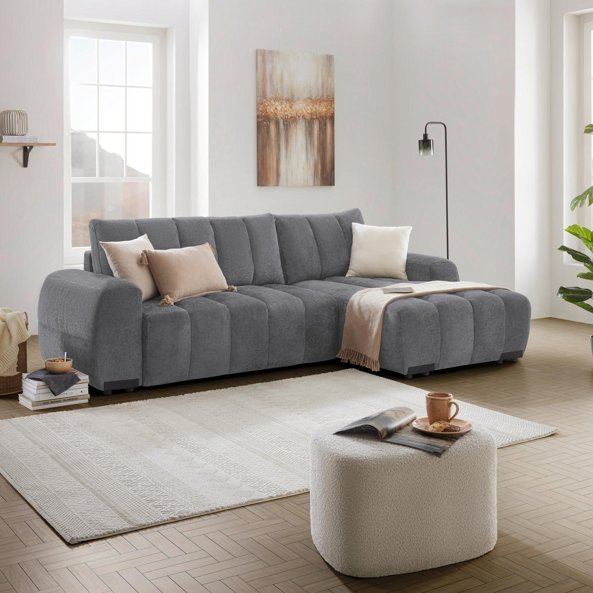 ECKSOFA Flachgewebe Grau  - Schwarz Hochglanz/Grau, Modern, Textil/Metall (273/93/166cm) - MID.YOU