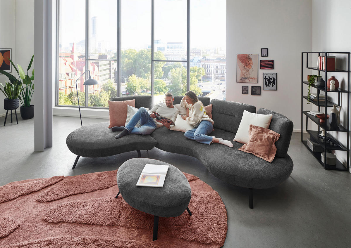 BIGSOFA Flachgewebe Anthrazit  - Anthrazit/Schwarz, Design, Textil/Metall (456/93/138cm) - Moderano