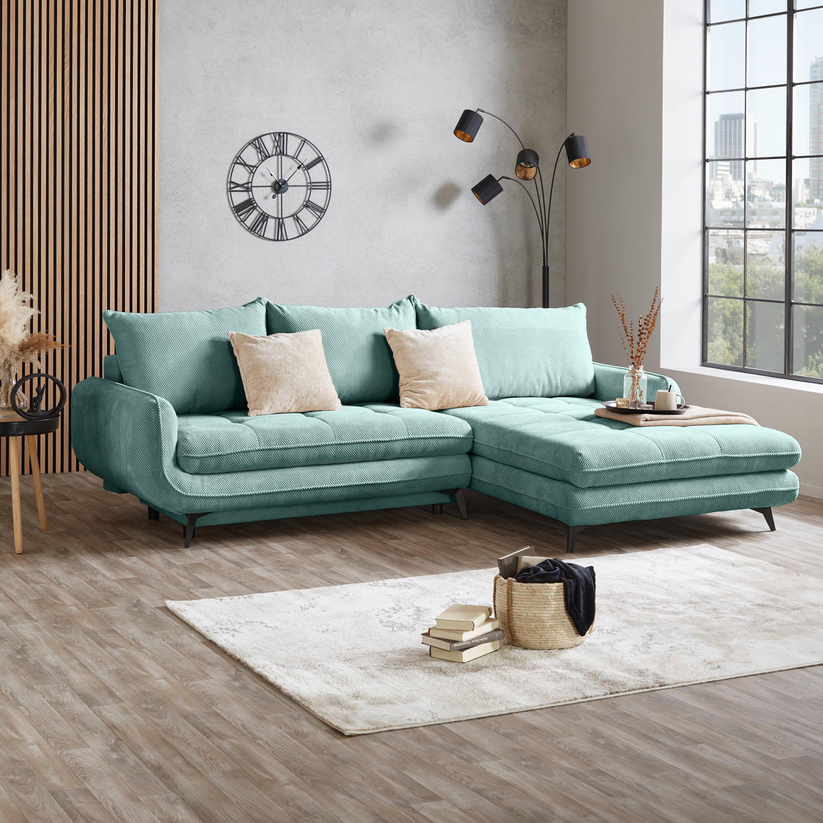 ECKSOFA WAVE Türkis Struktur  - Türkis/Beige, MODERN, Textil/Metall (266/189cm) - MID.YOU