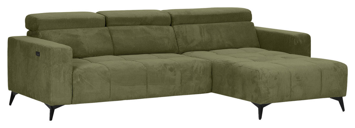 ECKSOFA Dunkelgrün Cord Rücken echt, Kopfteilverstellung, Sitzvorzug  - Dunkelgrün/Schwarz, KONVENTIONELL, Textil/Metall (257/170cm) - Carryhome