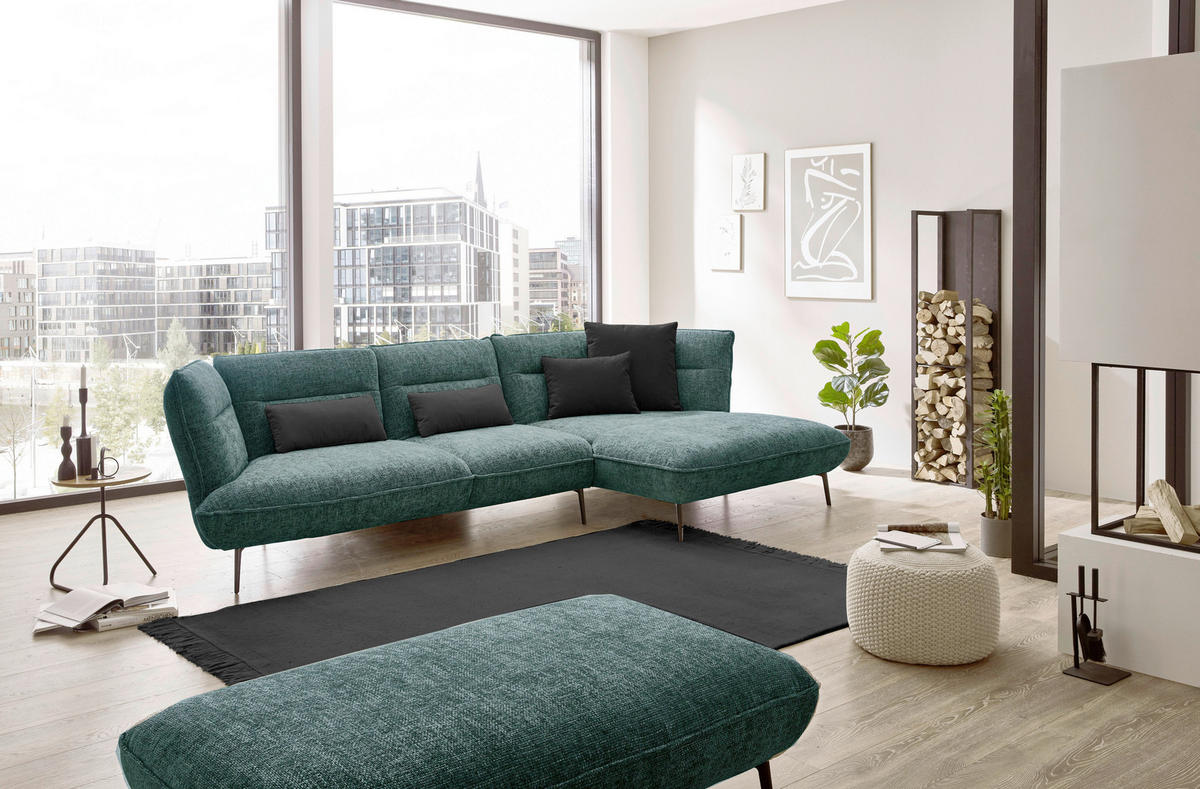ECKSOFA in Flachgewebe Blau, Grün  - Blau/Schwarz, Design, Textil/Metall (339/153cm) - Moderano