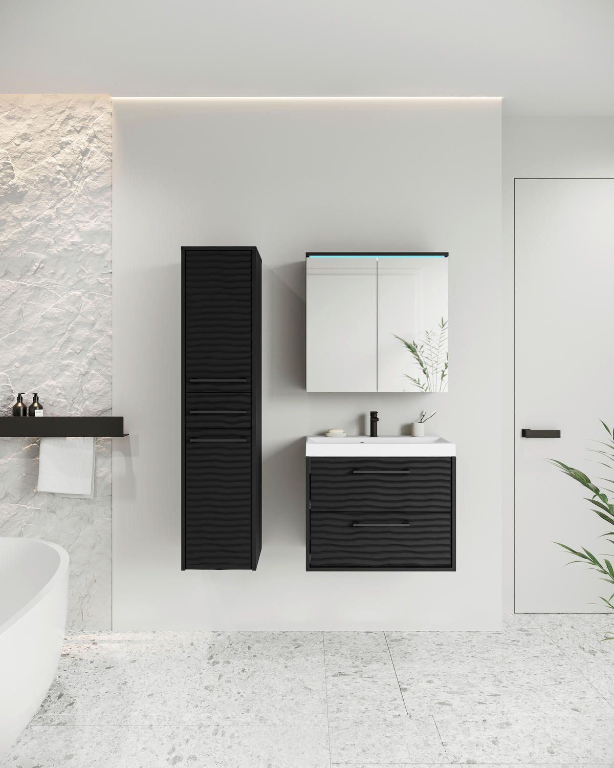 BADEZIMMER 4-teilig  in 90 cm  - Schwarz/Weiß, LIFESTYLE, Keramik/Holzwerkstoff (90cm) - P & B