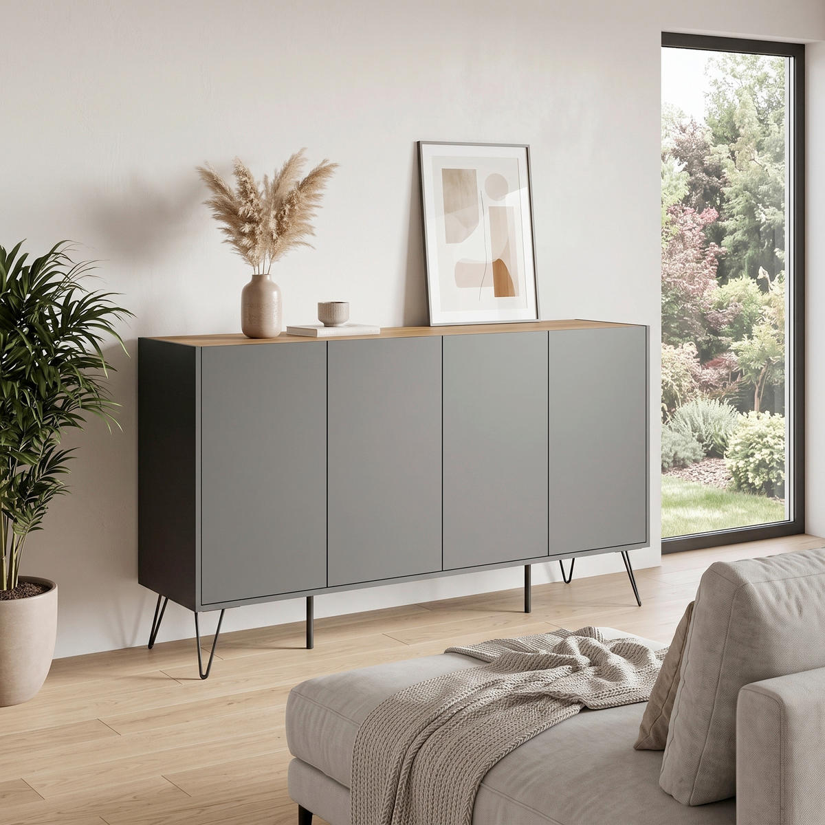 SIDEBOARD Posseik Industrial 155/93,6/42 cm  - Eichefarben/Graphitfarben, Design, Holzwerkstoff/Metall (155/93,6/42cm) - MID.YOU