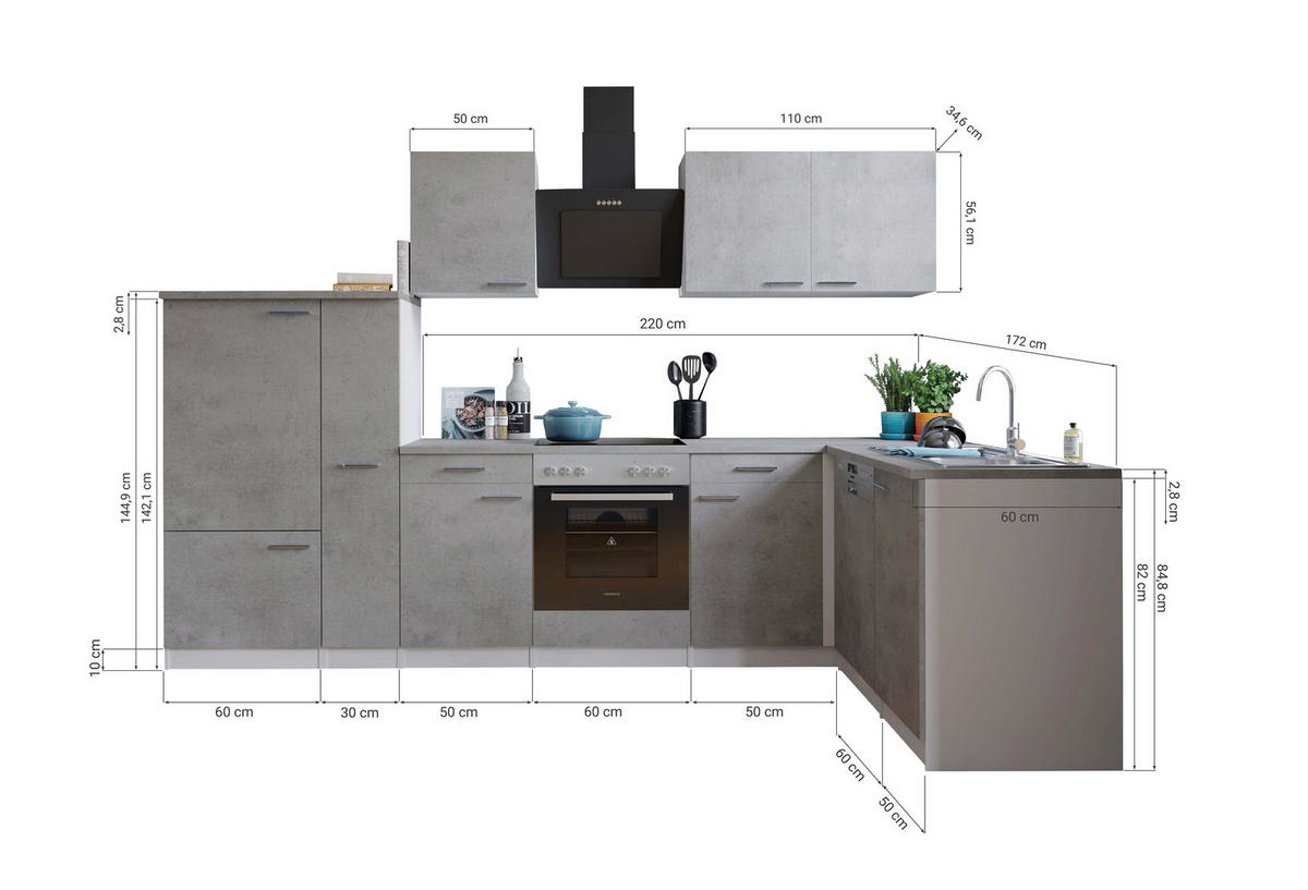 HÖRNKÖK 310/172 cm  i grå, vit  - stålfärgad/vit, Basics, metall/trämaterial (310/172cm) - Respekta