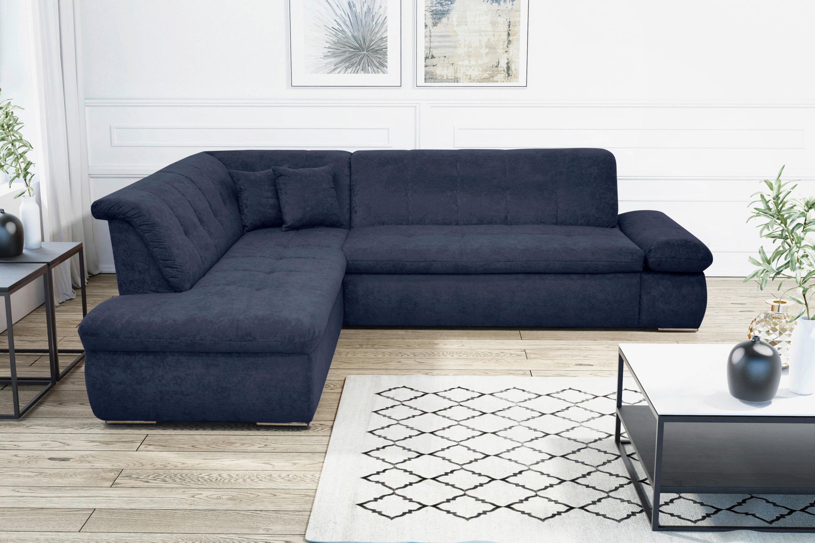 Ecksofa Dunkelblau Mikrofaser - Chromfarben/Dunkelblau, KONVENTIONELL, Textil/Metall (216/273cm) - MID.YOU