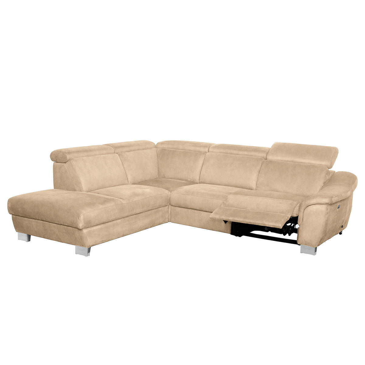 ECKSOFA Beige Mikrofaser Rücken echt, Relaxfunktion, Kopfteilverstellung  - Chromfarben/Beige, Design, Textil/Metall (238/276cm) - Livetastic