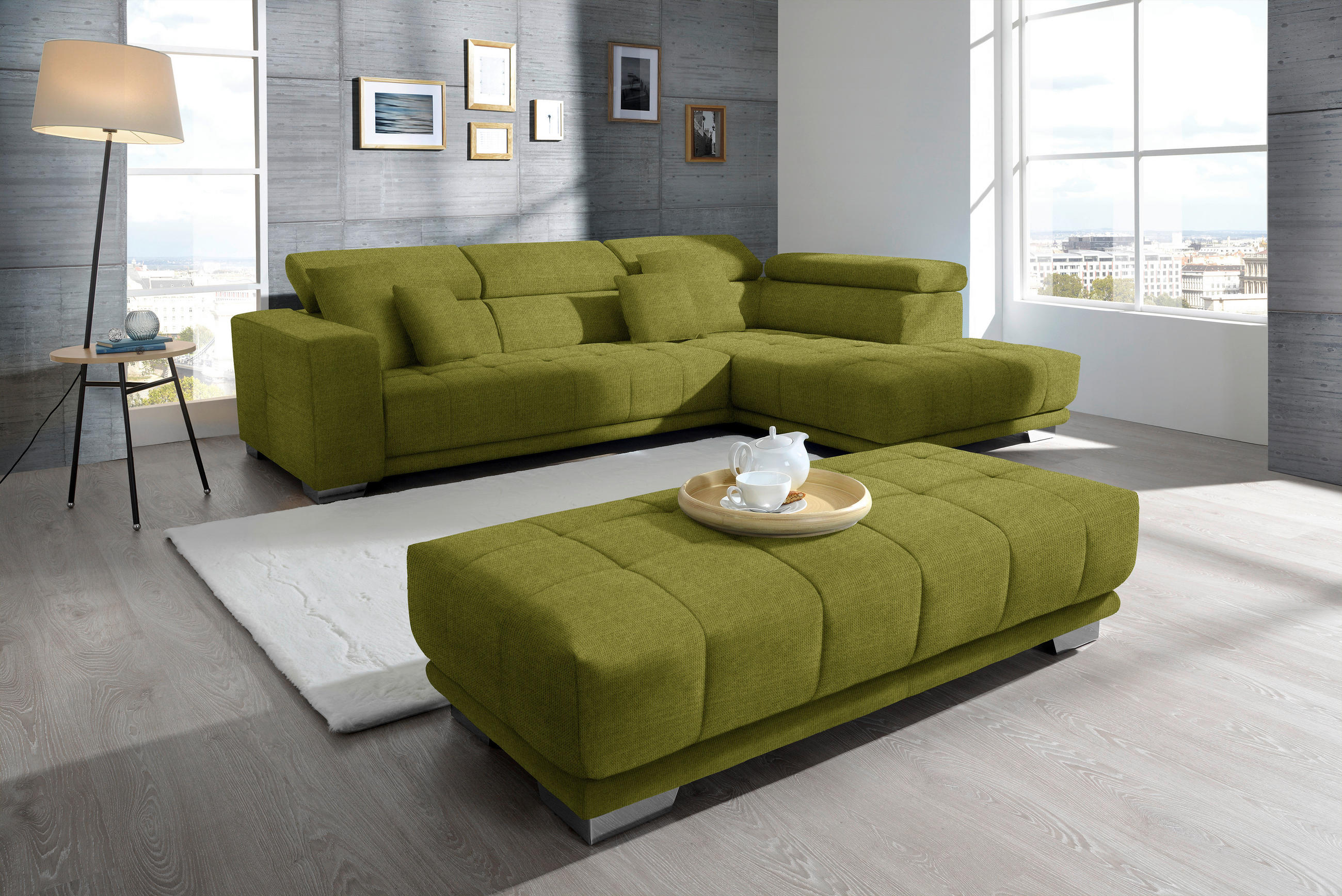 ECKSOFA in Mikrofaser Hellgrün  - Chromfarben/Hellgrün, Design, Textil/Metall (301/207cm) - Xora