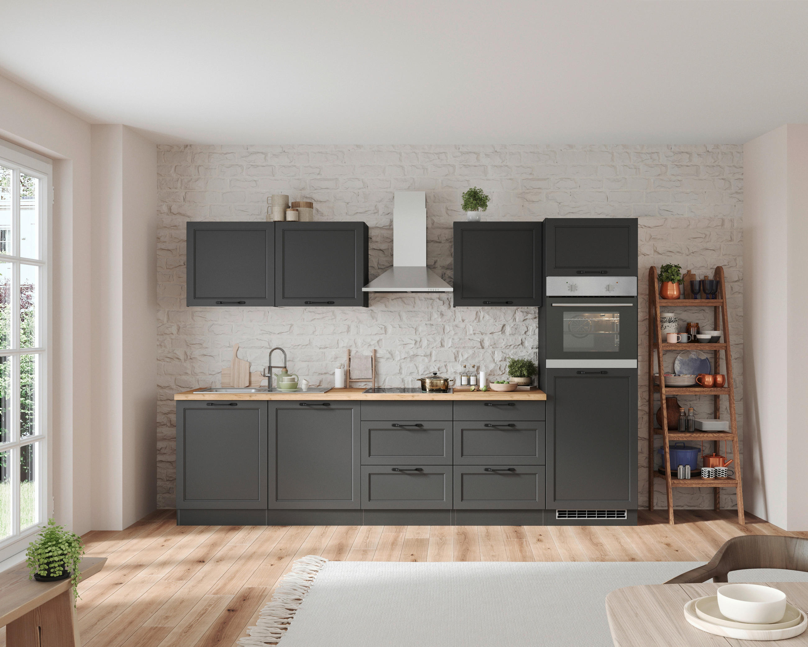 KÜCHENBLOCK 300 cm   in Grau, Eiche Wotan  - Eiche Wotan/Schwarz, Lifestyle, Holzwerkstoff/Metall (300cm) - Held