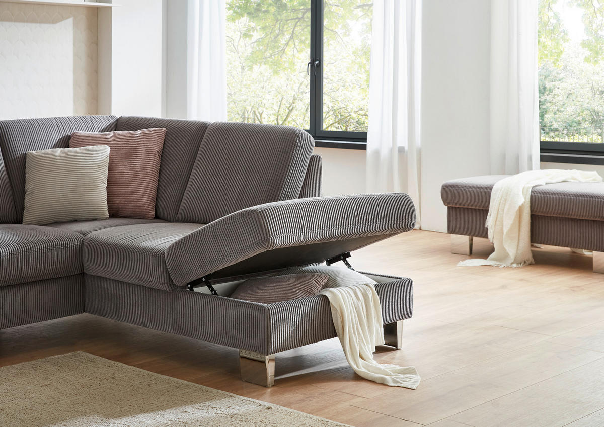 ECKSOFA in Cord Anthrazit  - Edelstahlfarben/Anthrazit, Konventionell, Textil/Metall (248/200cm) - Beldomo System