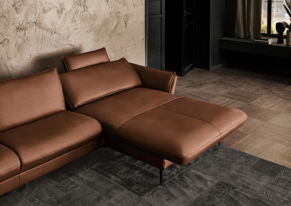 ECKSOFA in Echtleder Cognac  - Cognac/Schwarz, Design, Leder/Metall (334/172cm) - Hukla