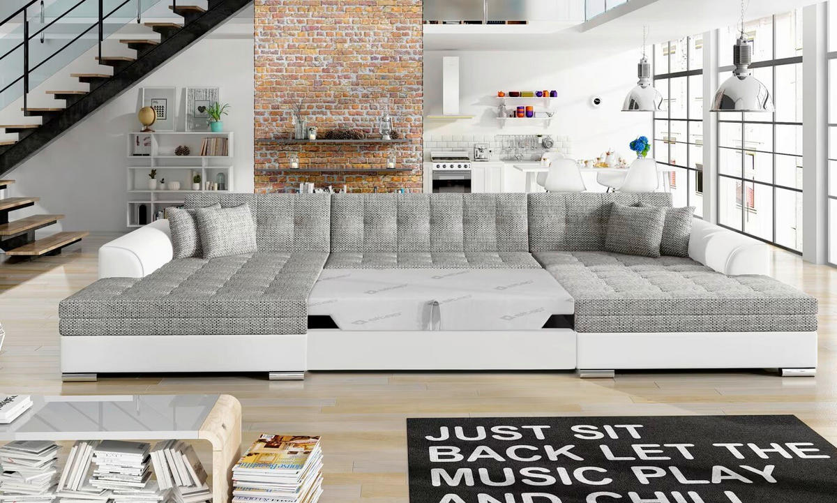 WOHNLANDSCHAFT Grau, Weiß Webstoff  - Chromfarben/Weiß, Design, Kunststoff/Textil (165/359/165cm) - MID.YOU