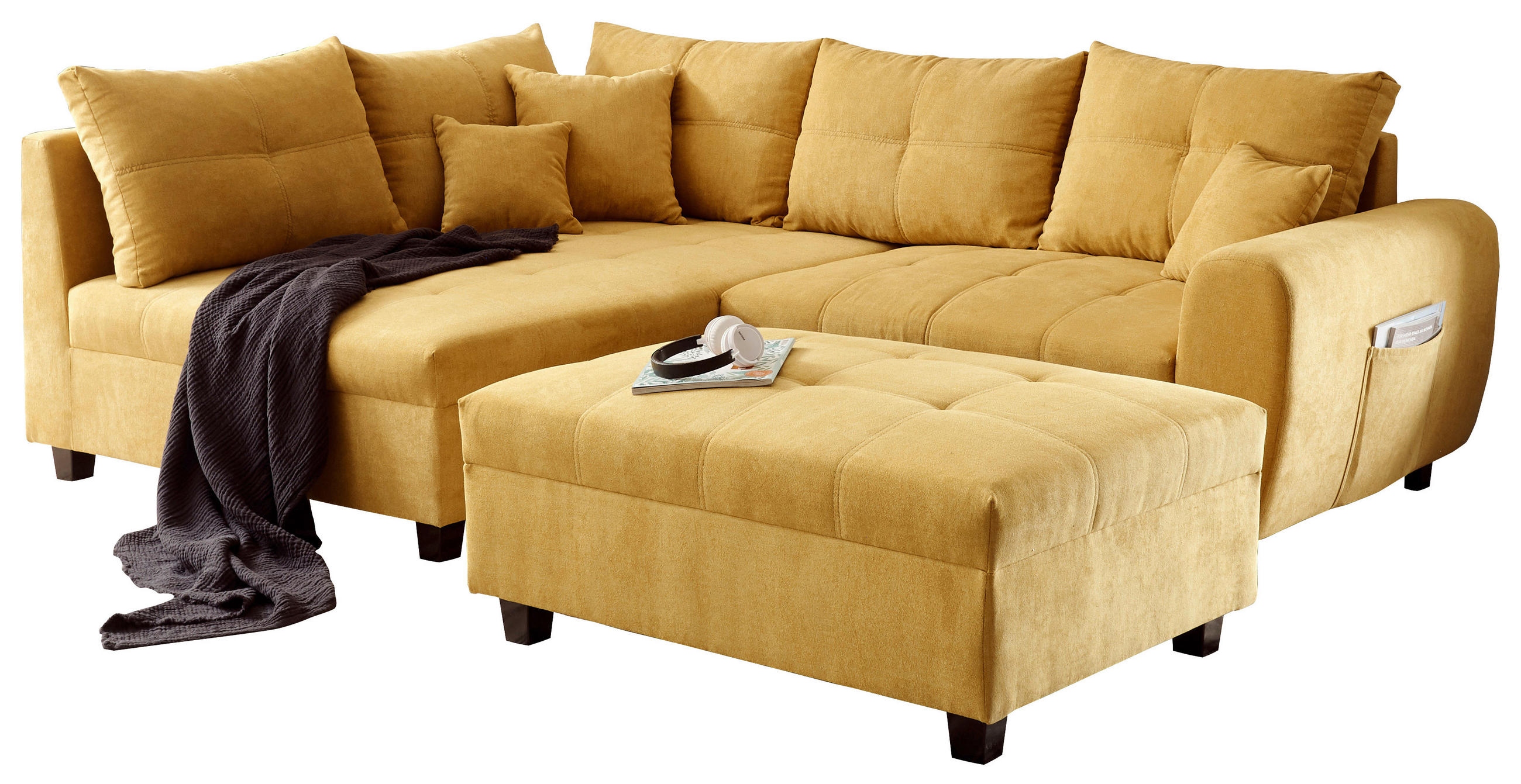 ECKSOFA inkl. Hocker in Mikrovelours Gelb  176/248 cm  - Gelb/Schwarz, Basics, Holzwerkstoff/Kunststoff (176/248cm) - MID.YOU