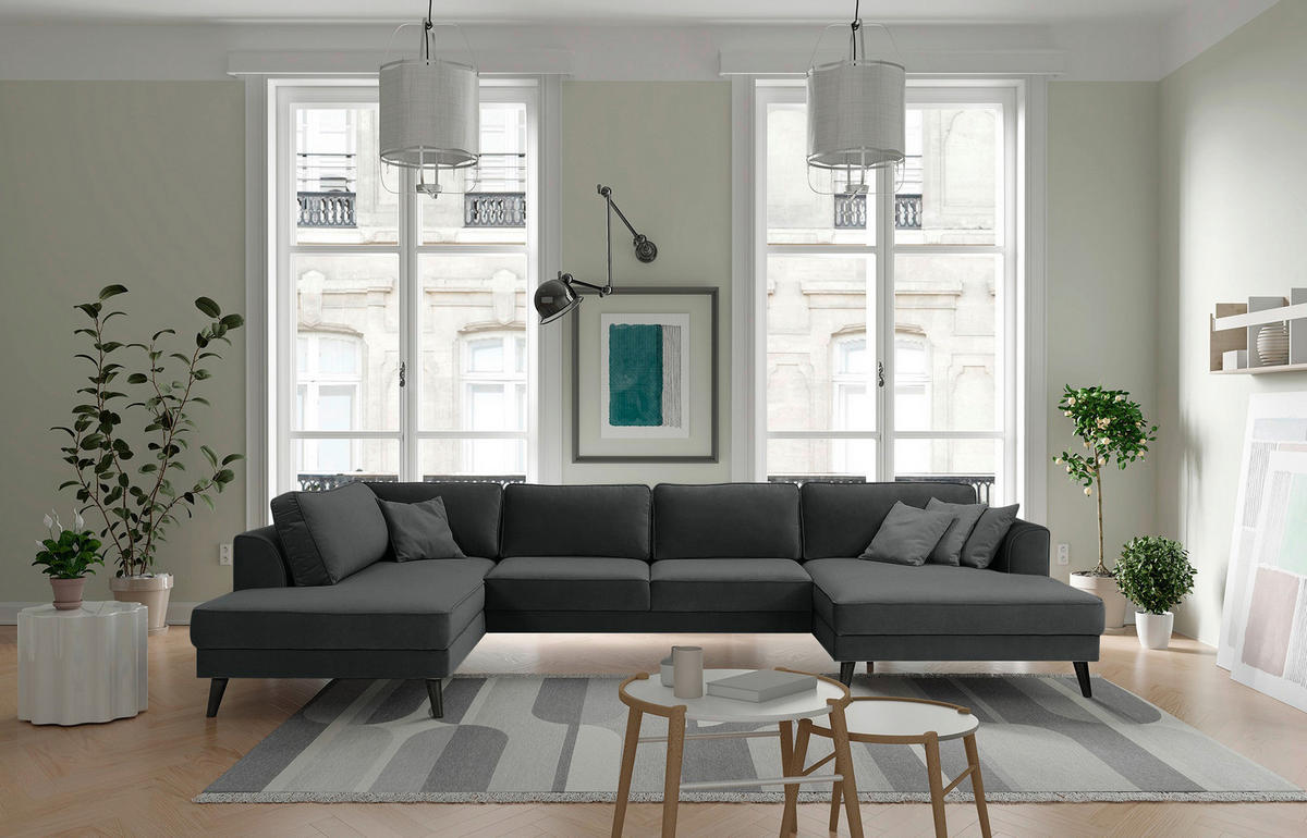 WOHNLANDSCHAFT in Velours Anthrazit  - Wengefarben/Anthrazit, Modern, Holz/Textil (201/348/169cm) - Trendmanufaktur