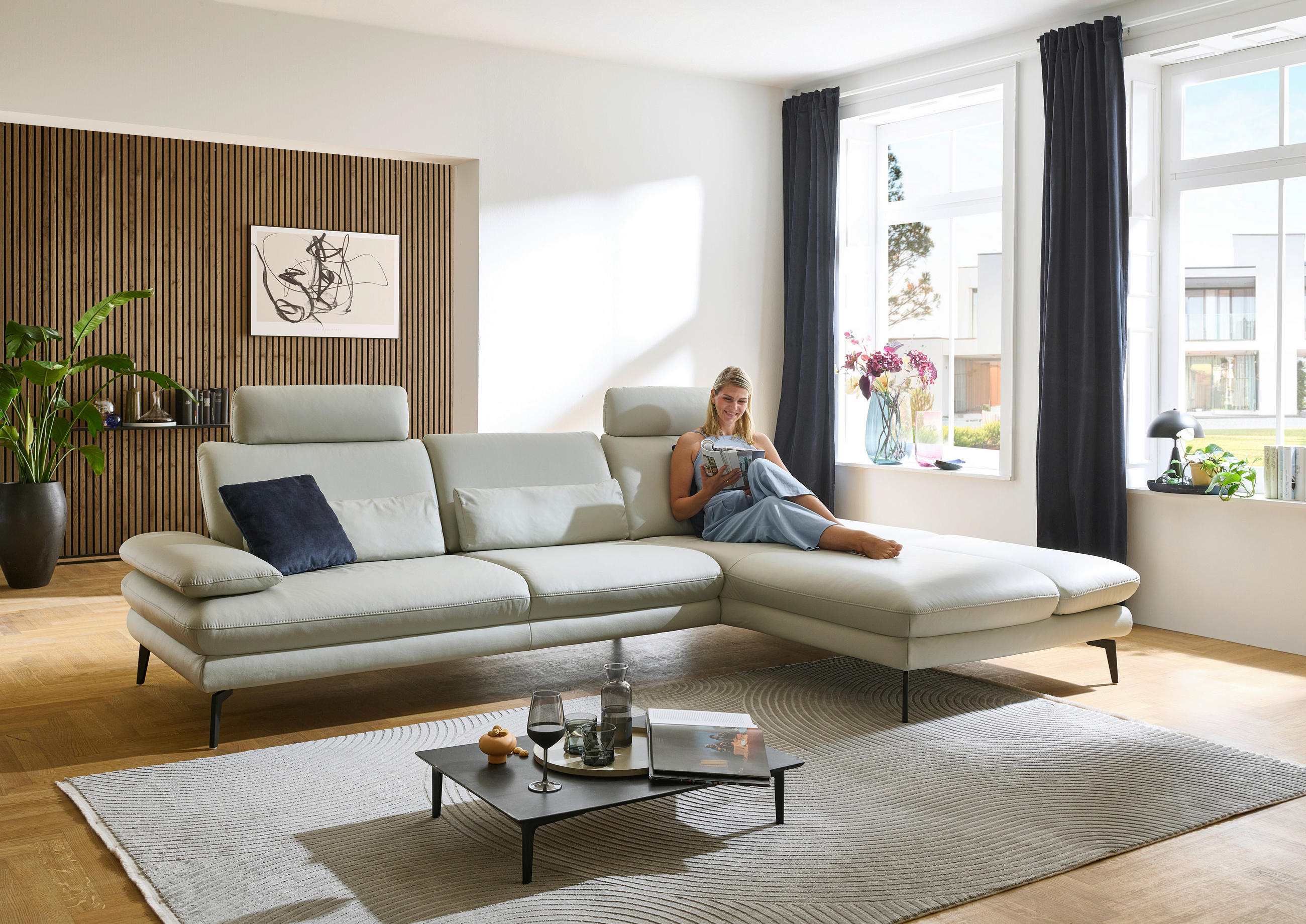 ECKSOFA Silberfarben Echtleder  - Silberfarben/Schwarz, Design, Leder/Metall (308/195cm) - Dieter Knoll