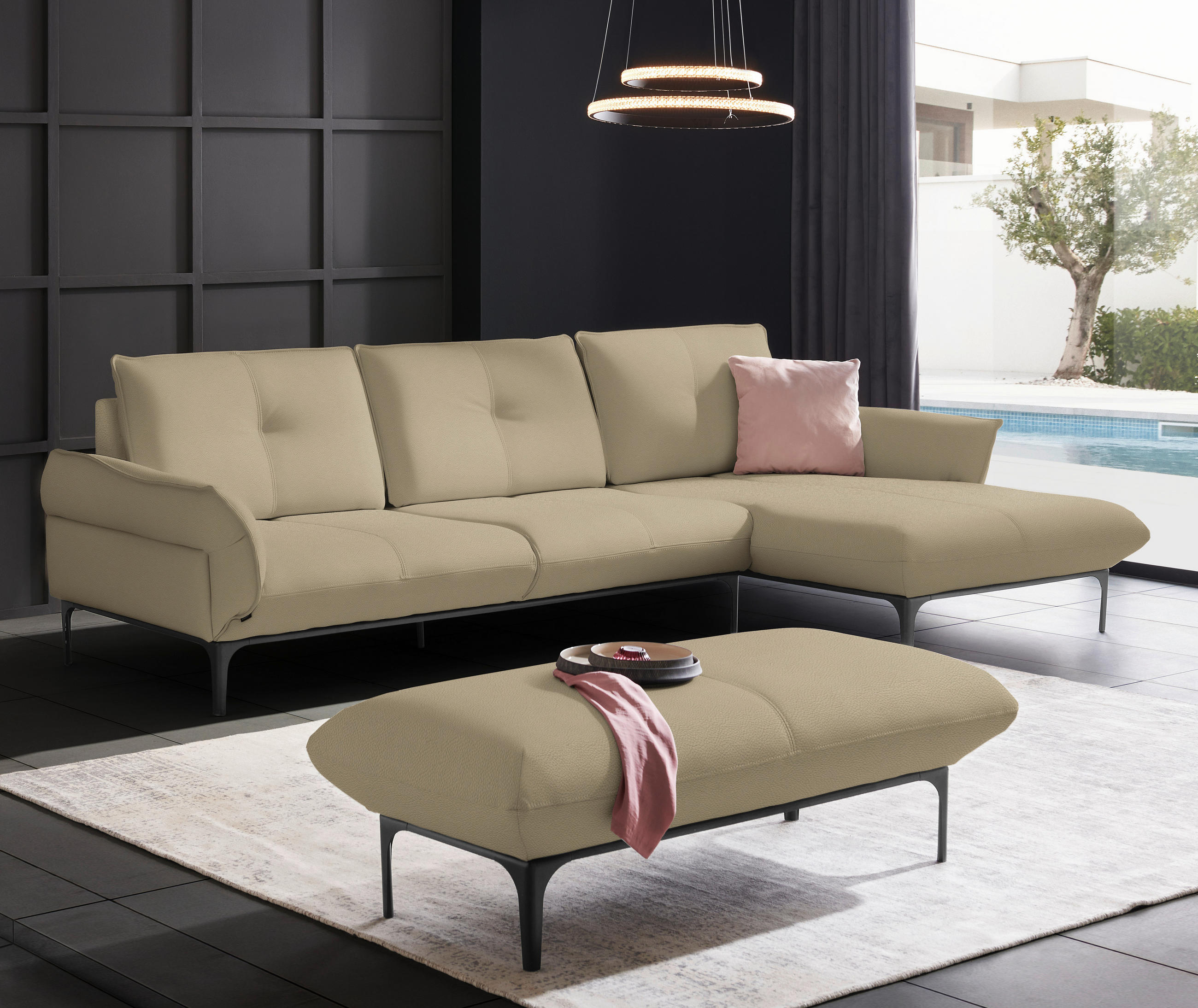 ECKSOFA in Echtleder Beige  - Beige/Schwarz, Design, Leder/Metall (319/182cm) - Valnatura