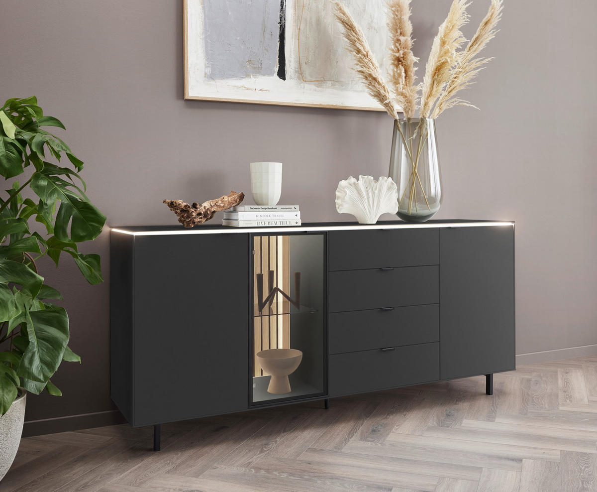SIDEBOARD RIANI 186,2/98,1/46 cm 4 Schublade(n)  - Anthrazit/Schwarz, Design, Glas/Holz (186,2/98,1/46cm) - Dieter Knoll