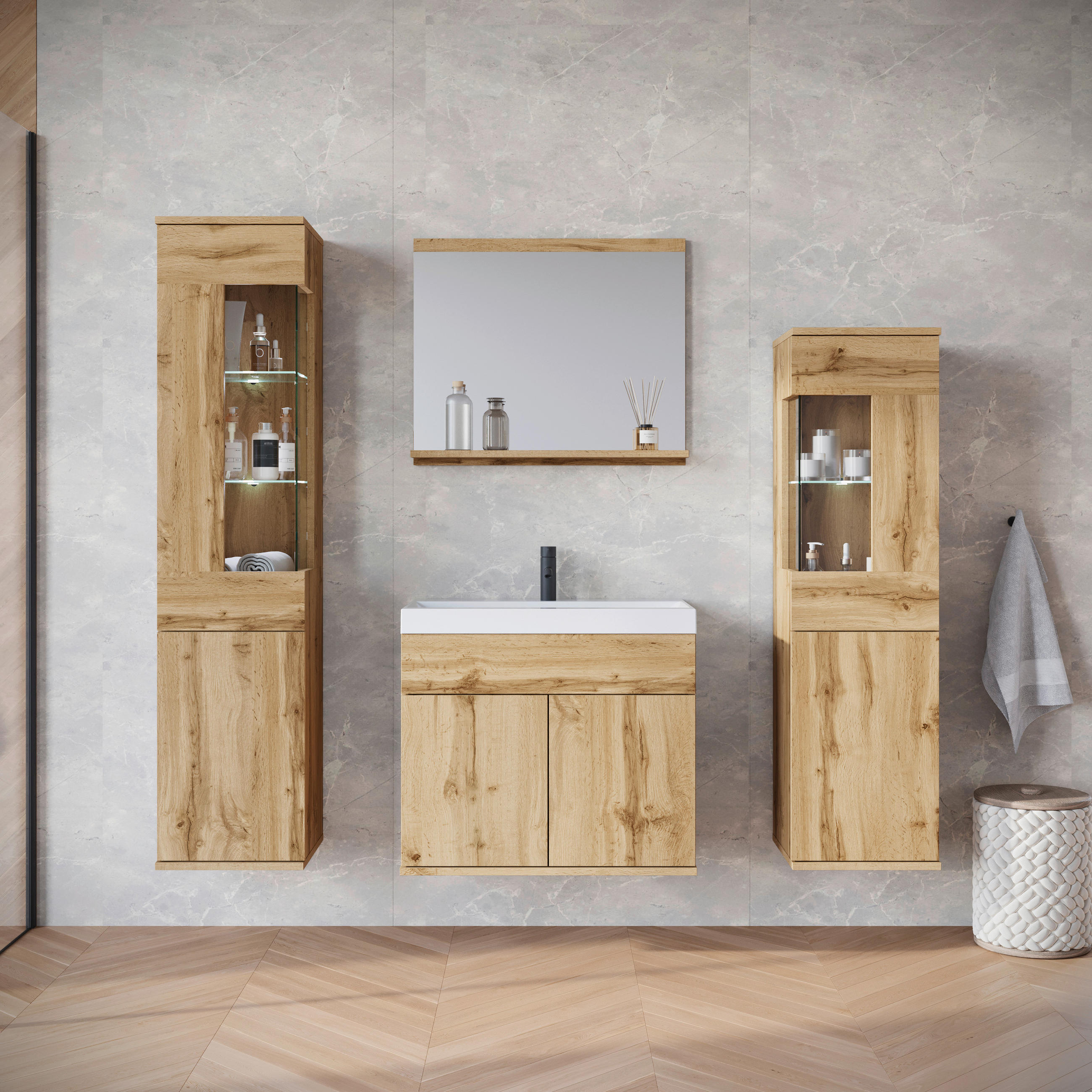 BADEZIMMER 5-teilig  in 120,4 cm  - Weiss/Eiche Wotan, Trend, Glas/Keramik (120,4cm) - P & B