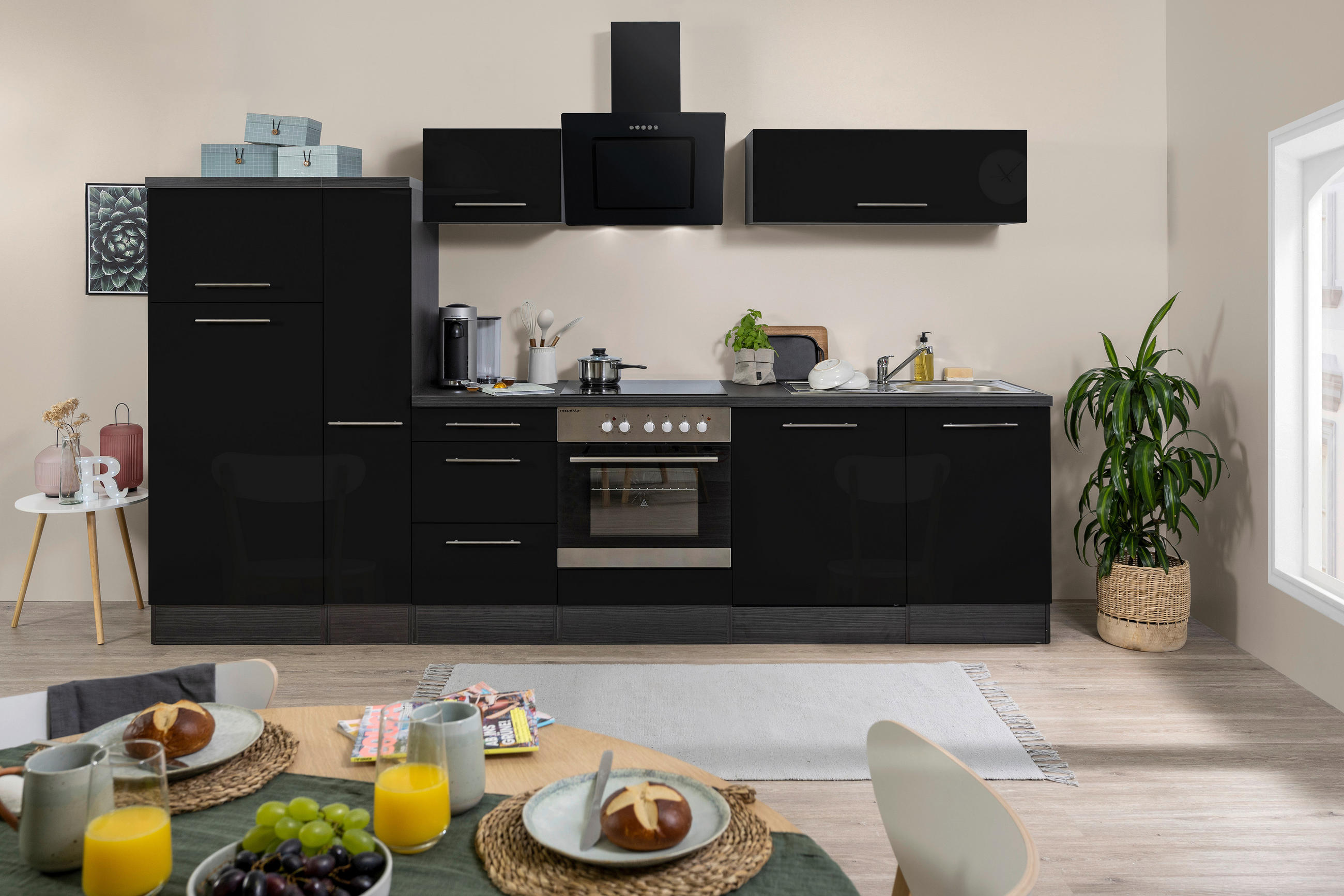 KÜCHENBLOCK 310 cm   in Schwarz, Eichefarben  - Edelstahlfarben/Eichefarben, Basics, Holzwerkstoff/Metall (310cm) - Respekta